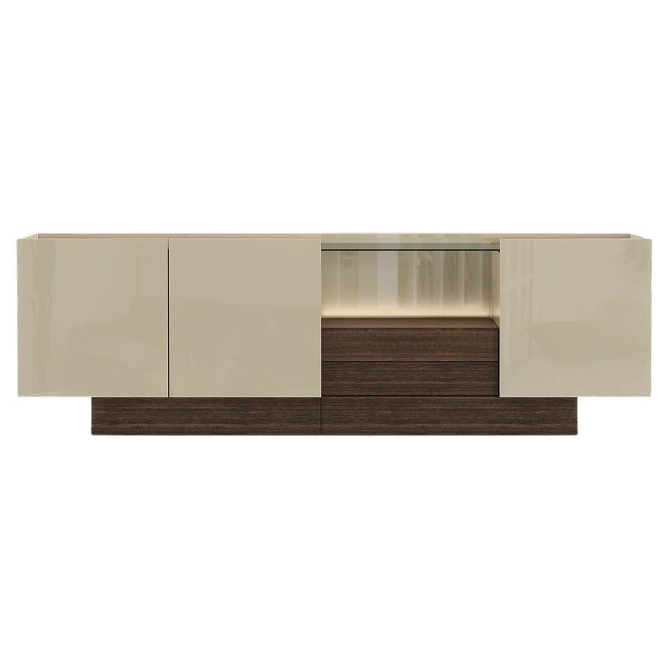 Buffet contemporain en laque crème douce brillante et finition noyer mat