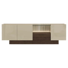 Buffet contemporain en laque crème douce brillante et finition noyer mat