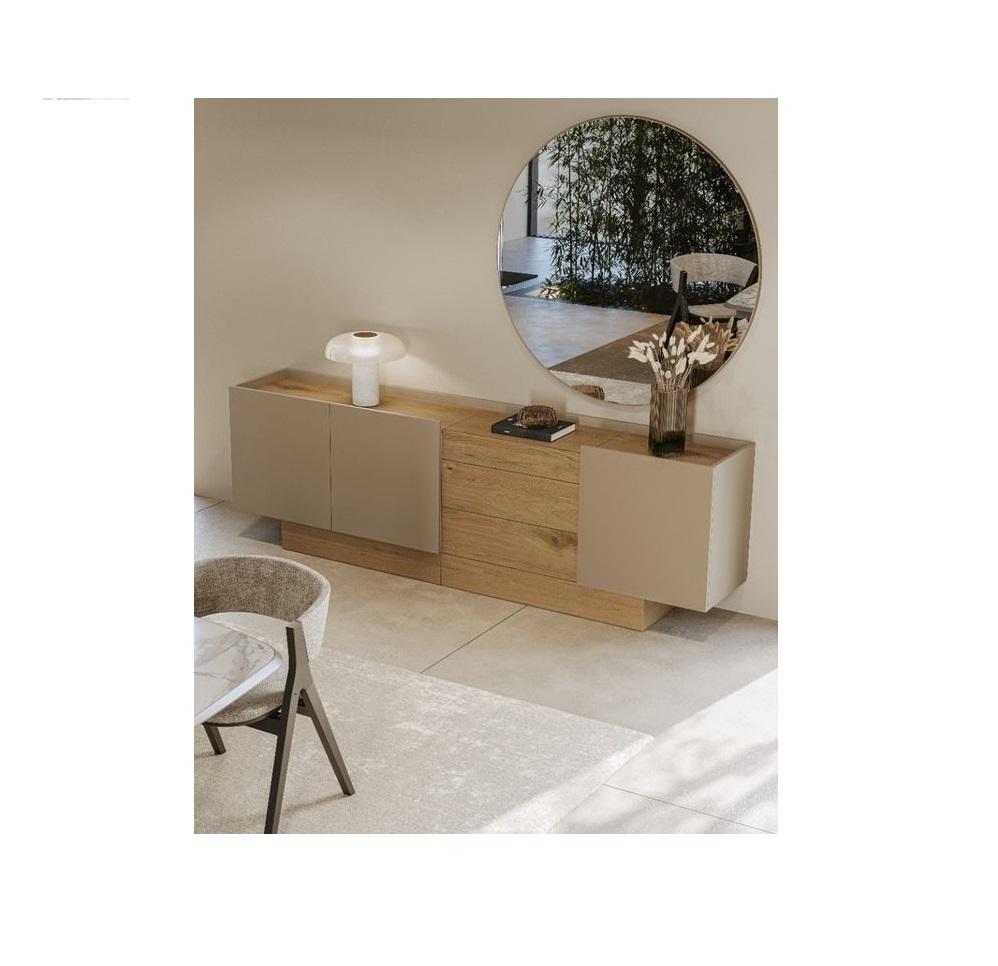 Contemporary Sideboard in High-Gloss Soft Cream Lacquer and Natural Oak Finish For Sale 5