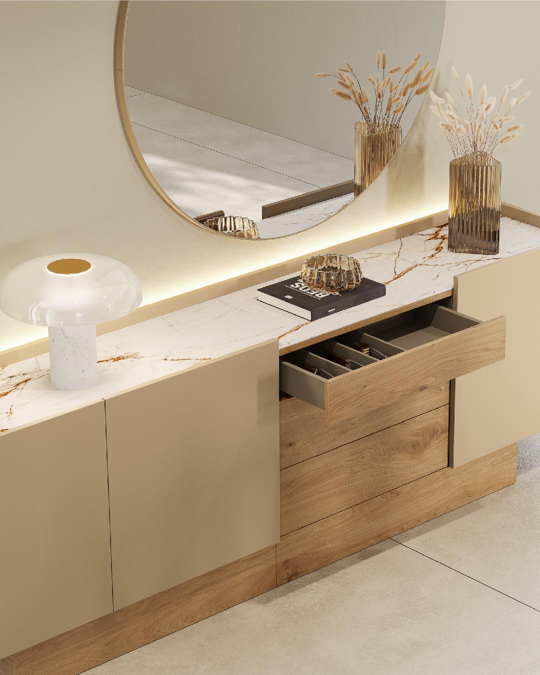 Portuguese Contemporary Sideboard in High-Gloss Soft Cream Lacquer and Natural Oak Finish For Sale