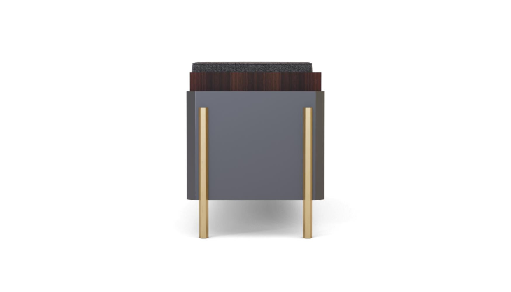 The sideboard is sartorially constructed from a sturdy wooden frame. It has a big push&pull drawer with 25 mirror strips applied. It shows also solid hexagonal legs and a triangular insert on the door in warm satin-finish brass.
The design is