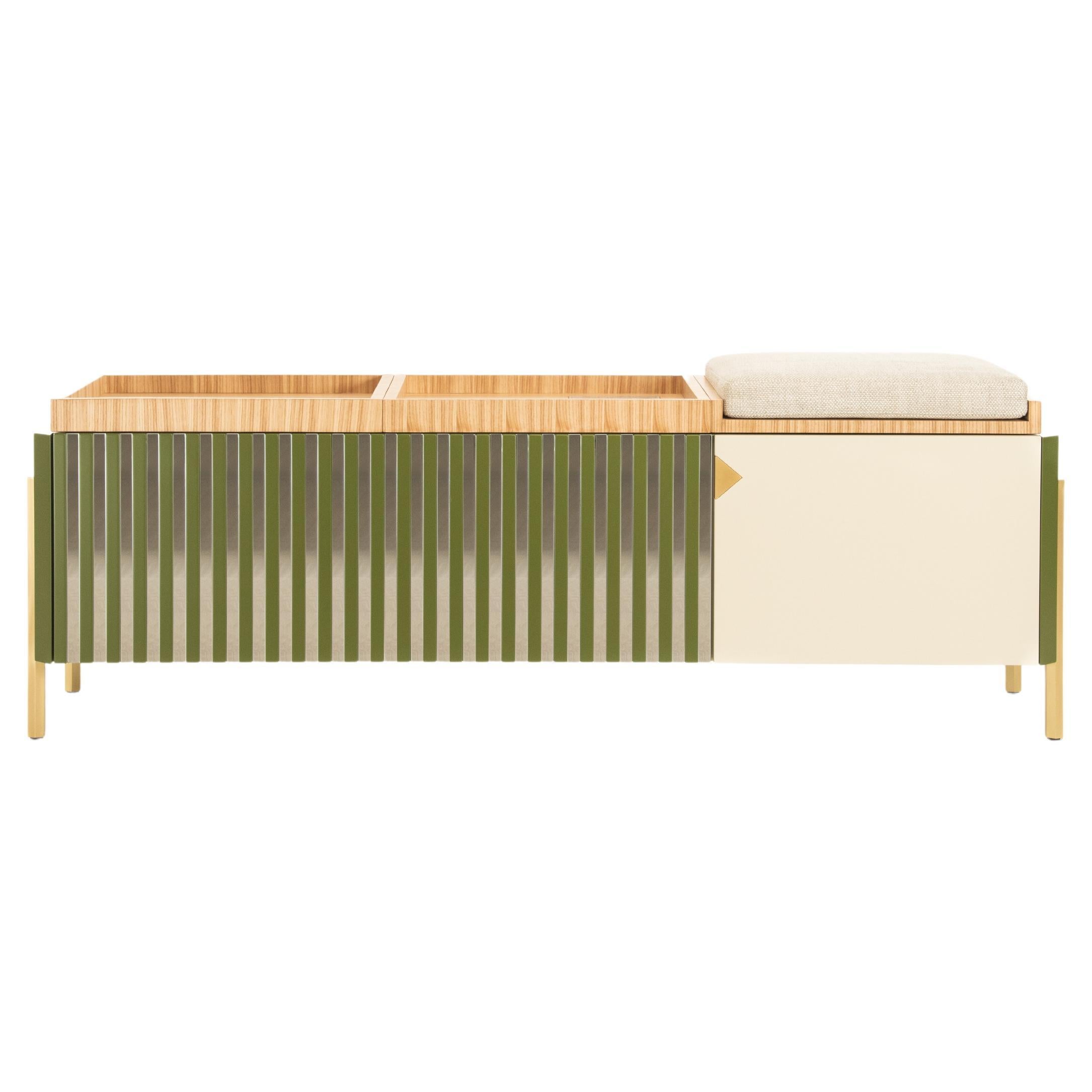 Contemporary Sideboard, Marble Top, Brass Leg, Mirror Strips, Handmade in Italy