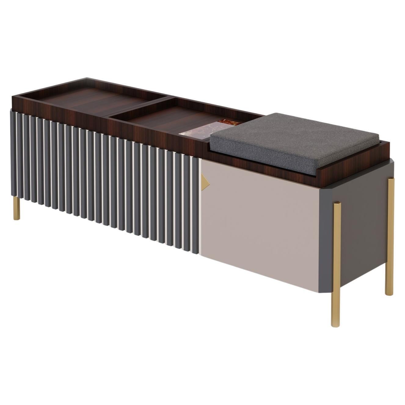 Contemporary Sideboard, Marble Top, Brass Leg, Mirror Strips, Handmade in Italy