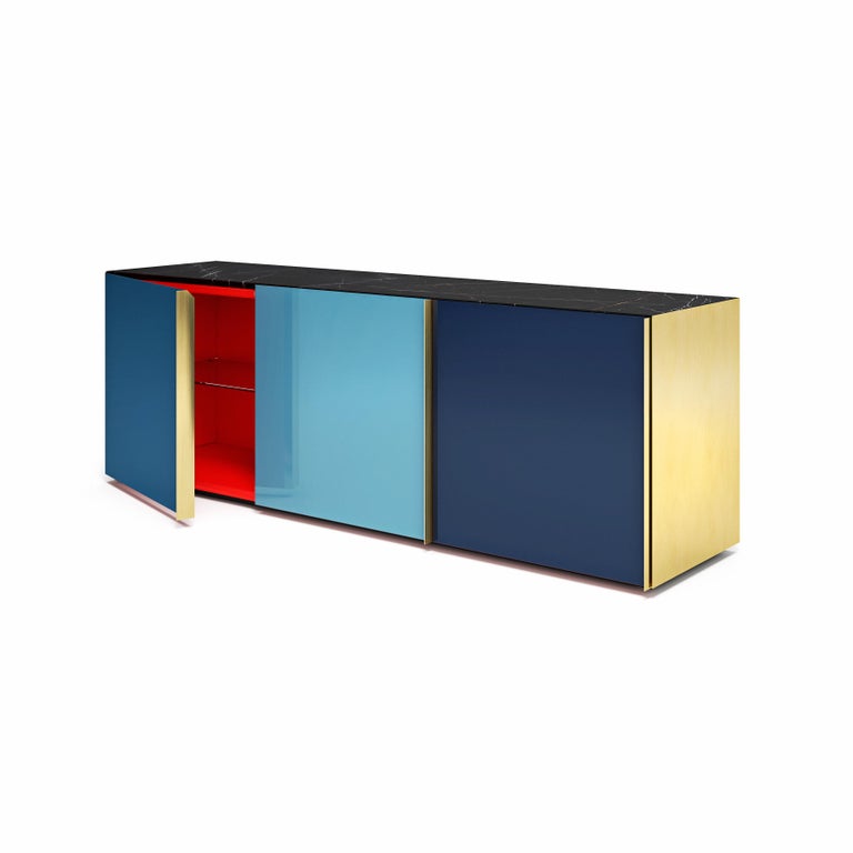 Contemporary Sideboard Marble Top Storage Unit Brass Container For Sale