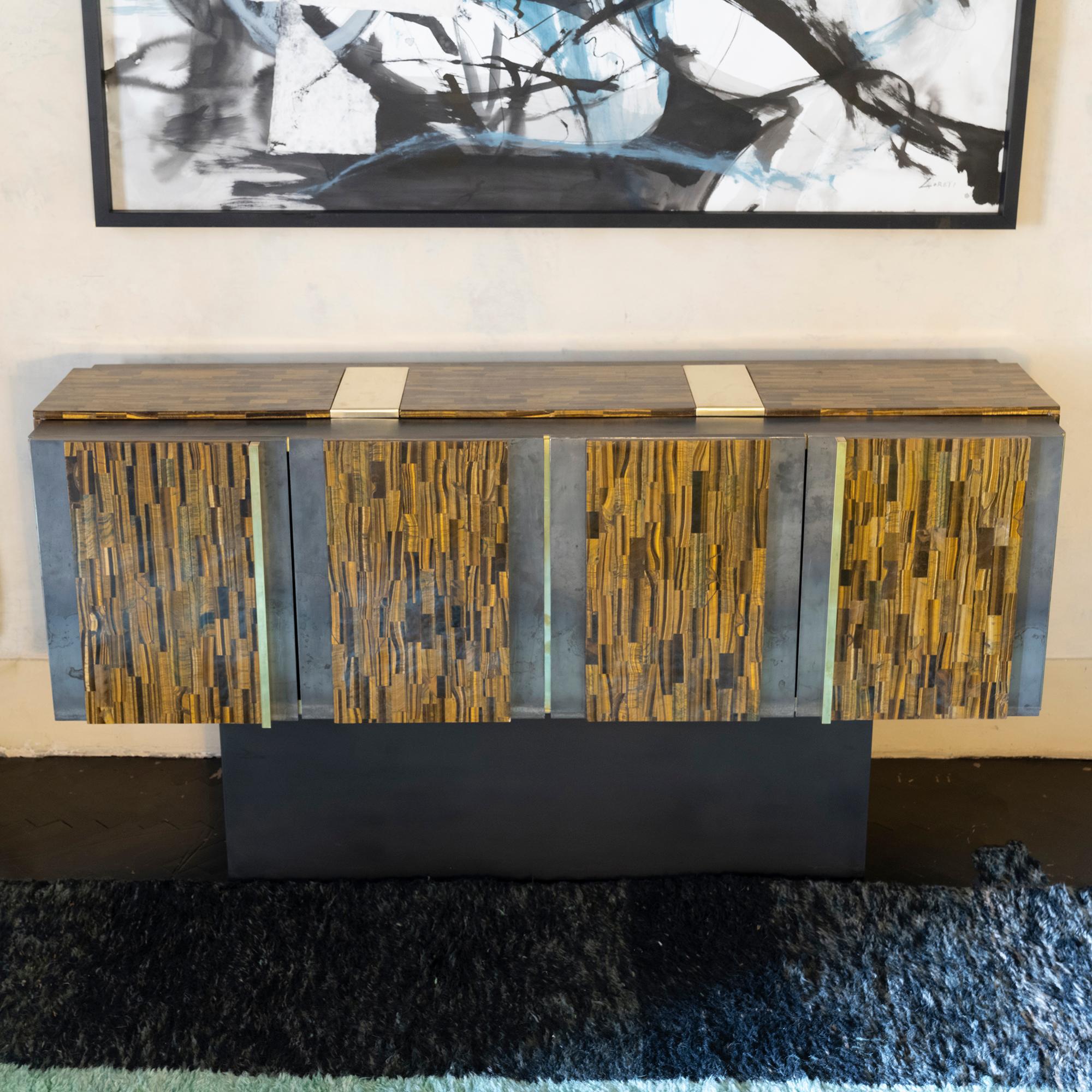 Italian Contemporary Sideboard Natural Steel and Golden Tiger Eye Decorative Panels For Sale