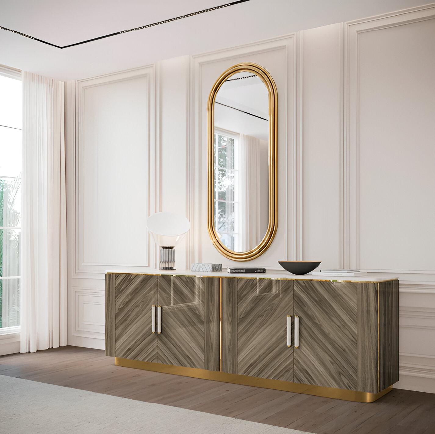 Portuguese Custom Made Wooden Sideboard With Lacquered Top & Handles For Sale