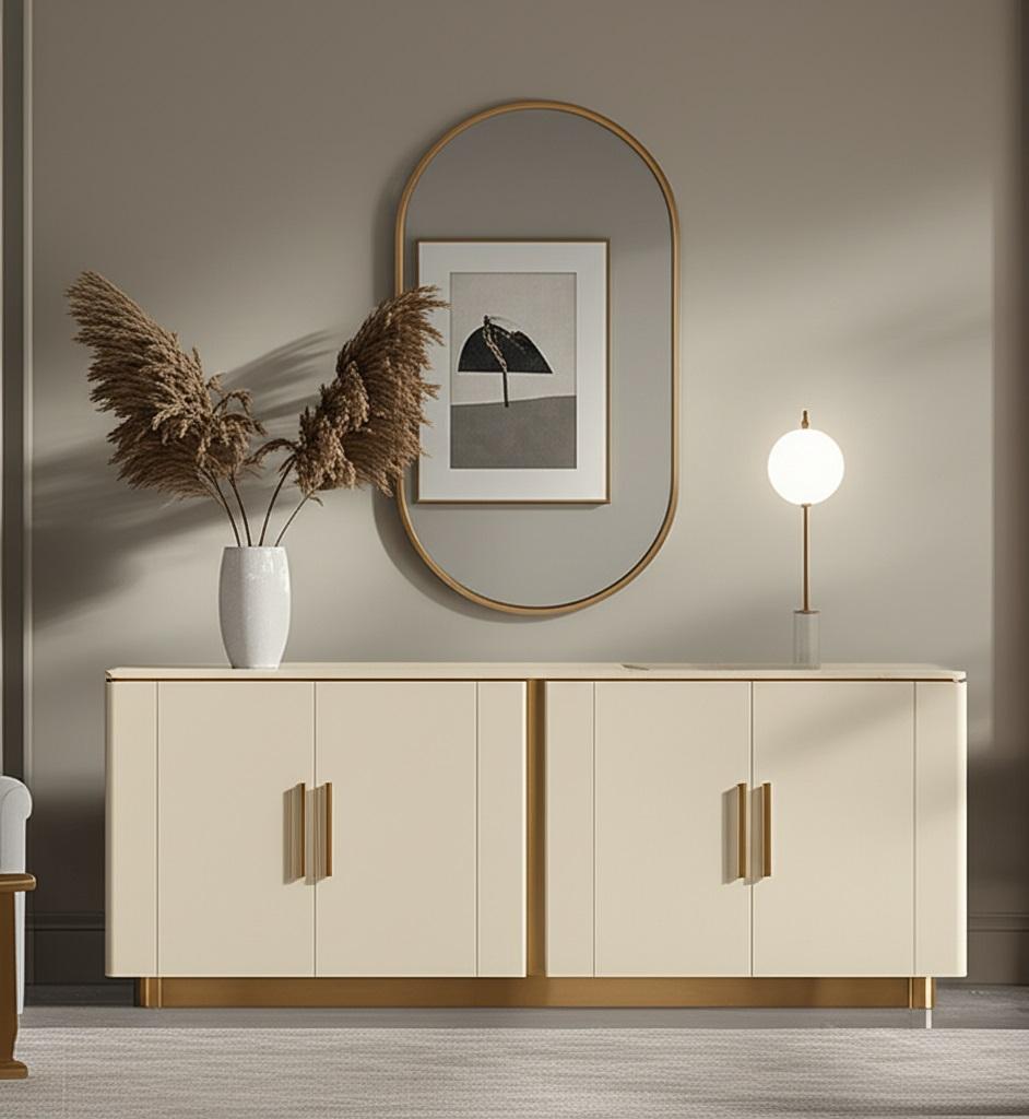 Contemporary Custom Made Wooden Sideboard With Lacquered Top & Handles For Sale