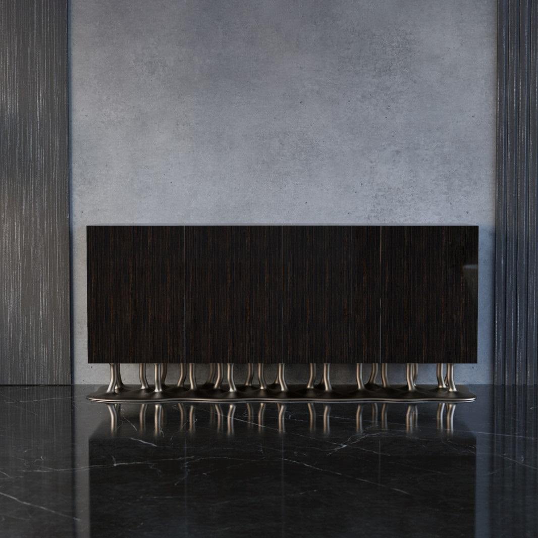 Modern Contemporary Sideboard With Resin Base & Wood Structure In Bronze Color For Sale