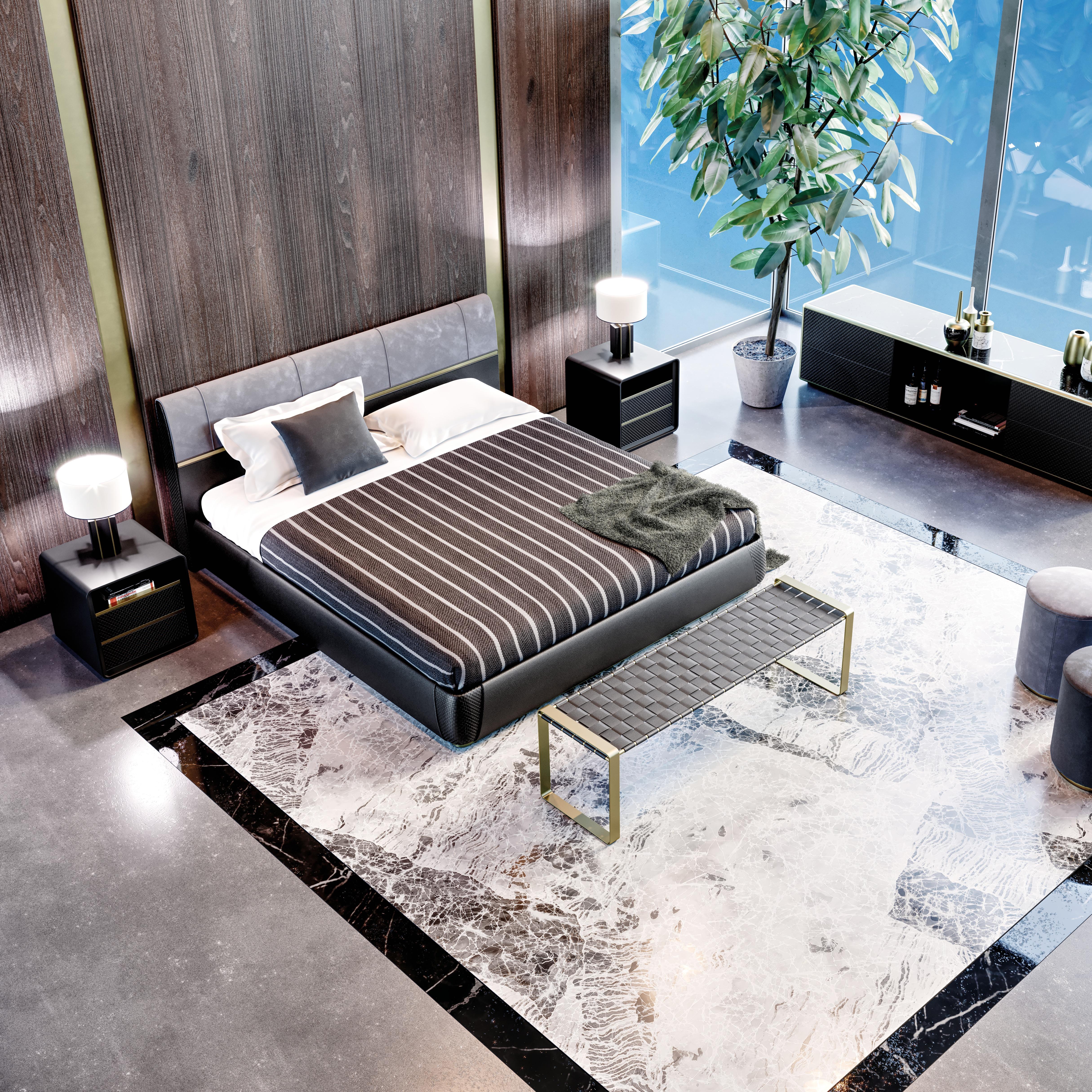 Italian Contemporary Nightstand in Black Lacquering Crossed leather drawers and metal For Sale