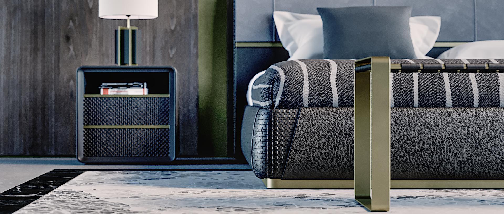 Hand-Crafted Contemporary Nightstand in Black Lacquering Crossed leather drawers and metal For Sale