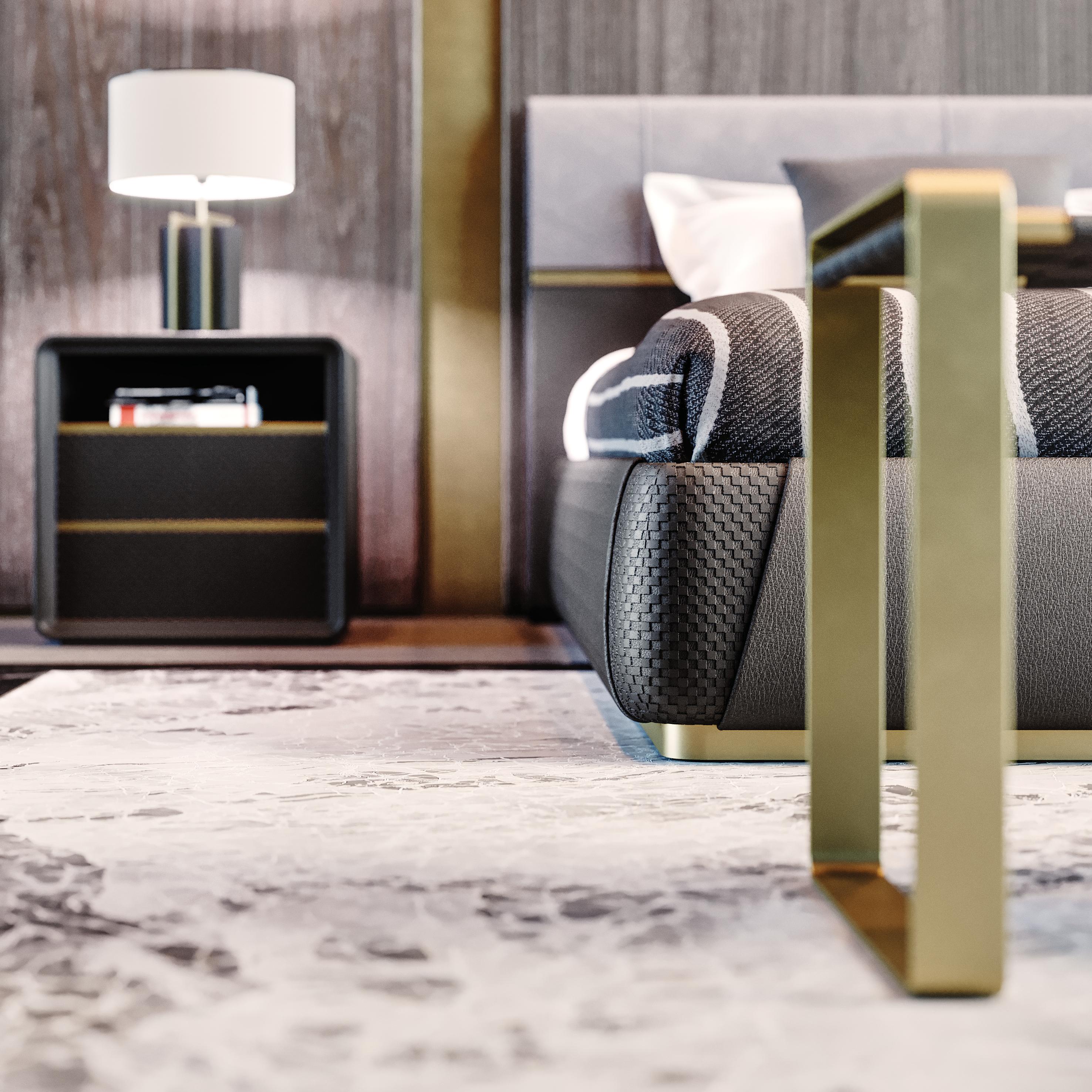 Contemporary Nightstand in Black Lacquering Crossed leather drawers and metal In New Condition For Sale In Modugno, IT