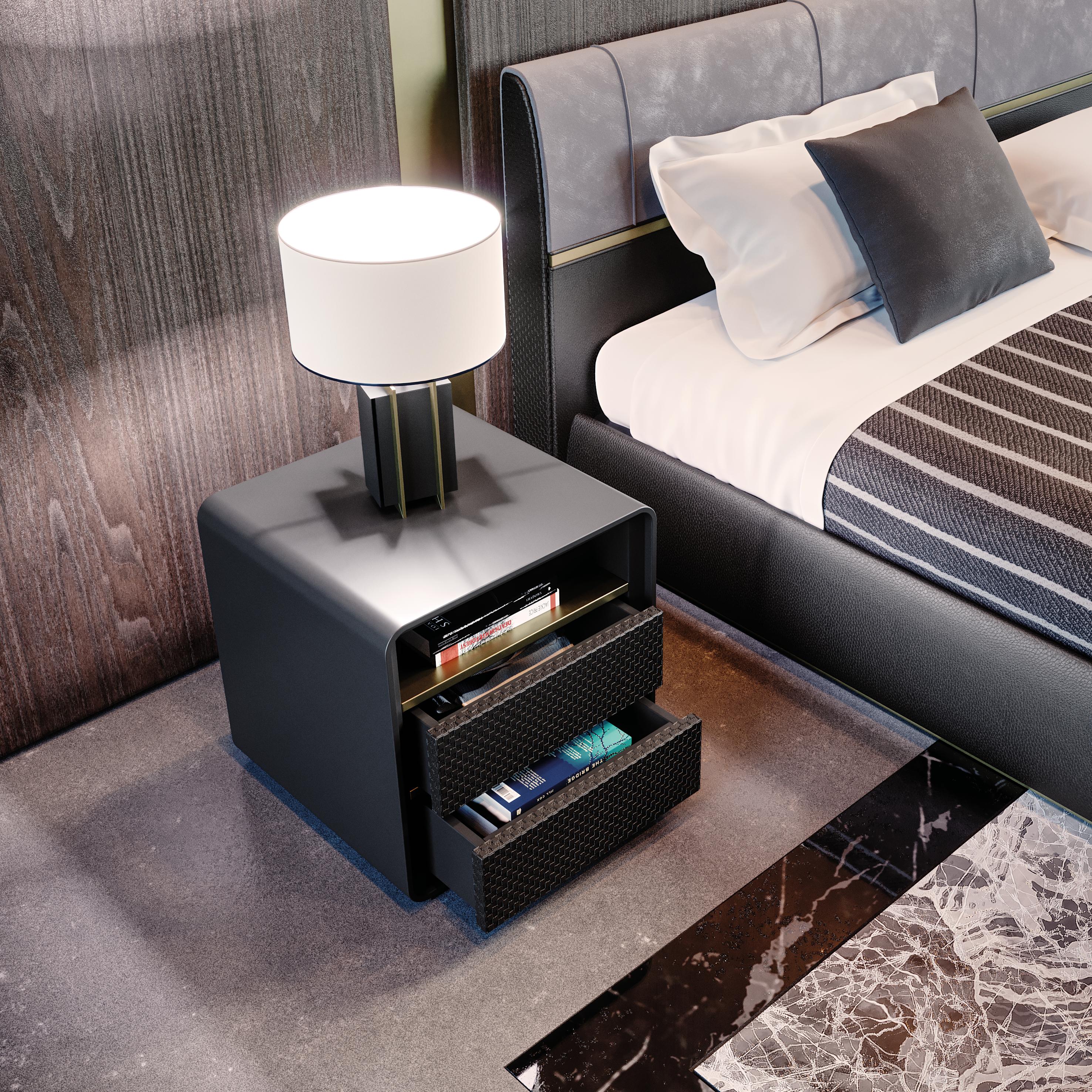 Leather Contemporary Nightstand in Black Lacquering Crossed leather drawers and metal For Sale
