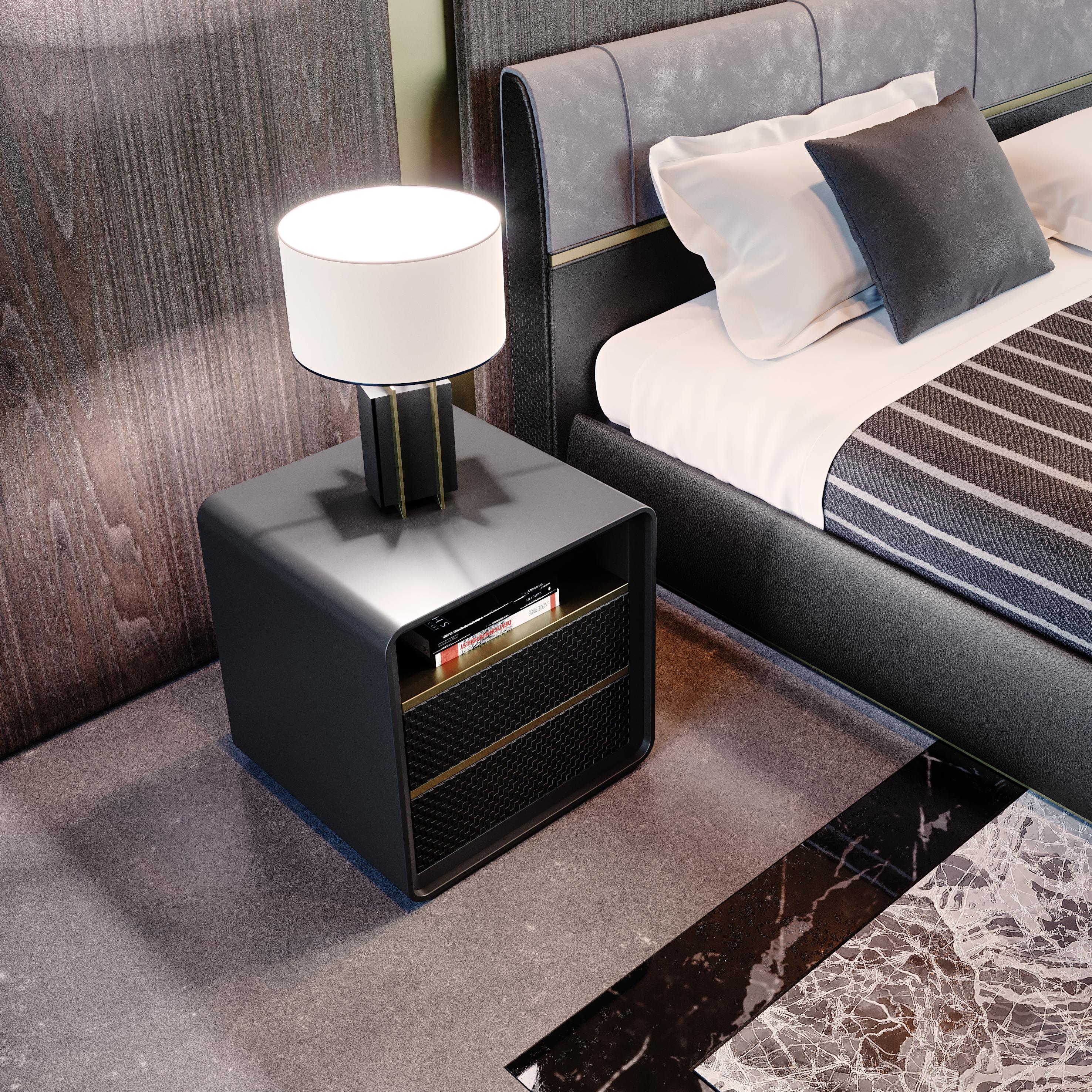 Contemporary Nightstand in Black Lacquering Crossed leather drawers and metal For Sale 1