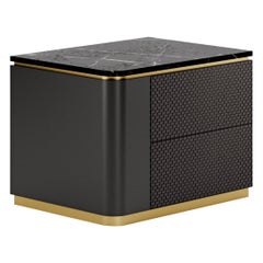 Contemporary Nightstand Black Lacquering Crossed leather drawers marble, metal