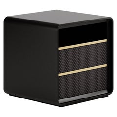 Contemporary Nightstand in Black Lacquering Crossed leather drawers and metal 