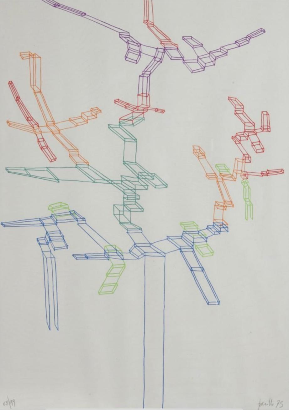 Italian Contemporary Signed Achille Perilli “Systematic 1°“ Work on Paper For Sale