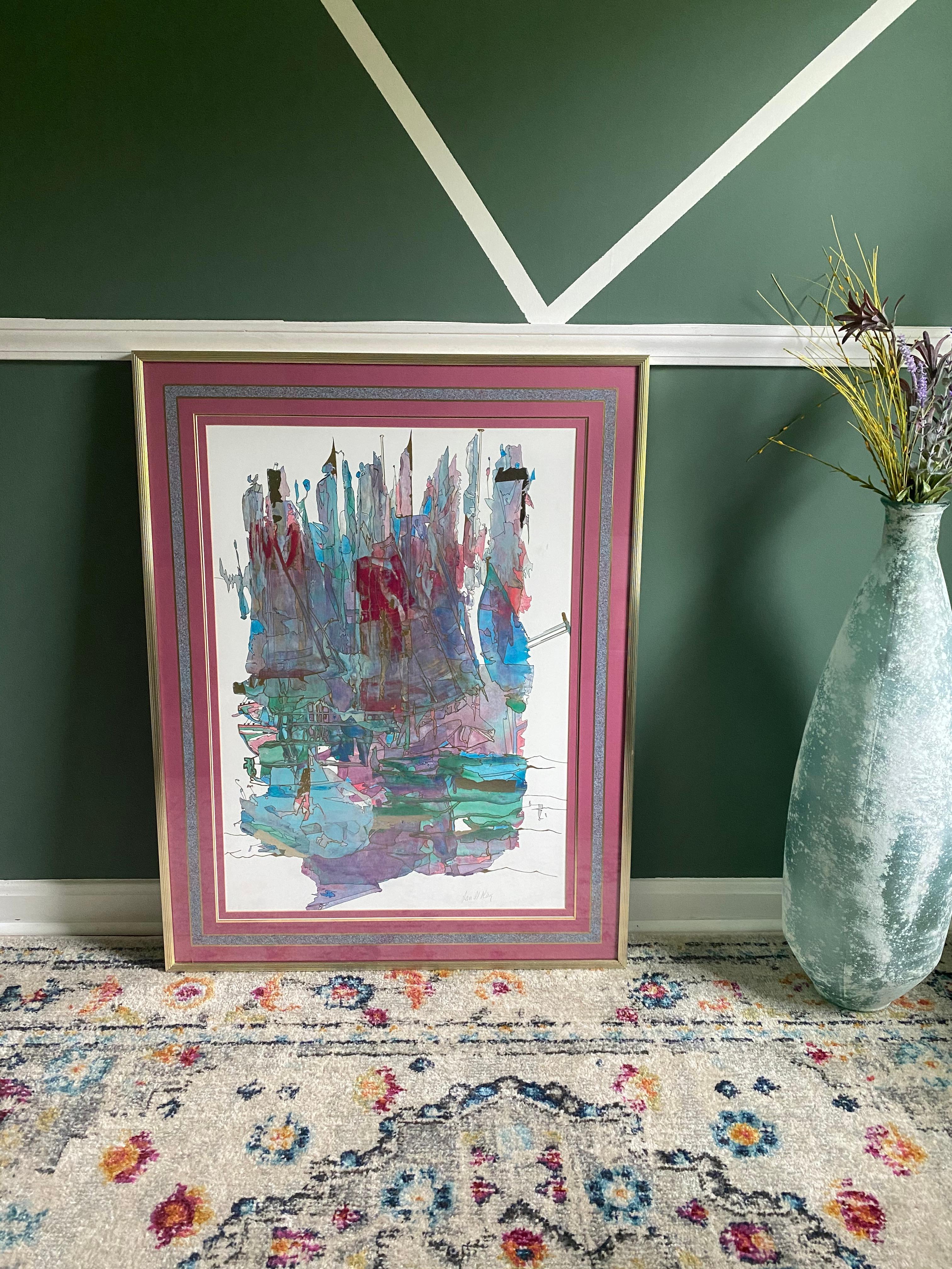 Belle pièce d'art visuel abstrait signée Jan Il Yang. Dans son magnifique cadre doré d'origine en très bon état. Jan Yang utilise une feuille d'or métallique dans ses œuvres, ce qui leur donne un air très mid-centenaire. Il s'agit d'un artiste