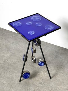 Post Modern Industrial Steel Cobalt Blue Art Glass Sculptural Tripod Side Table