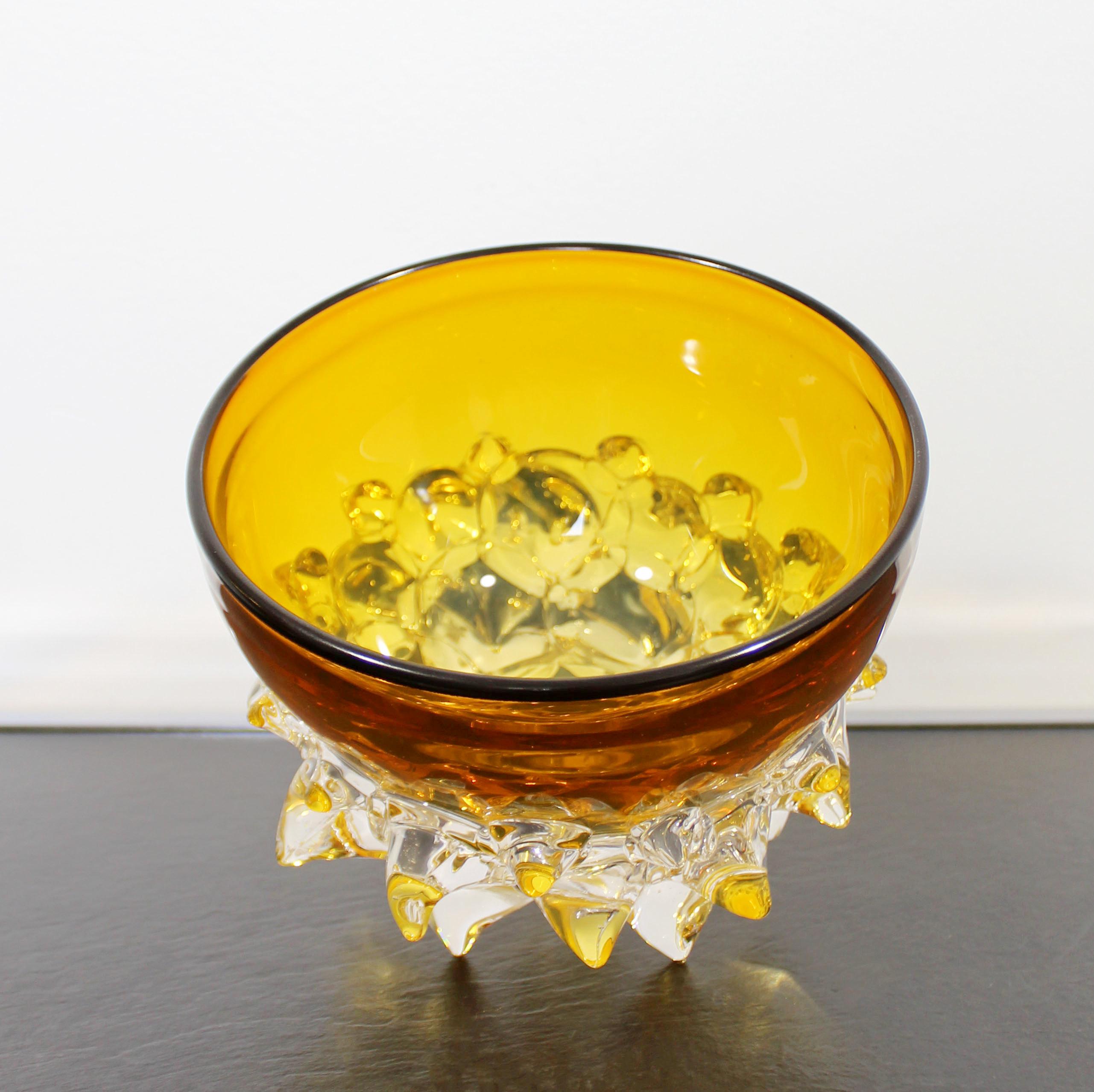 For your consideration is a fantastical, yellow, spiked glass art bowl, signed by Andrew Madvin and dated 2007. In excellent condition. The dimensions are 6.75