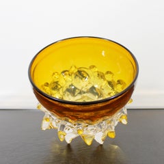 Contemporary Signed Yellow Spiked Glass Art Bowl by Andrew Madvin Dated 2000s