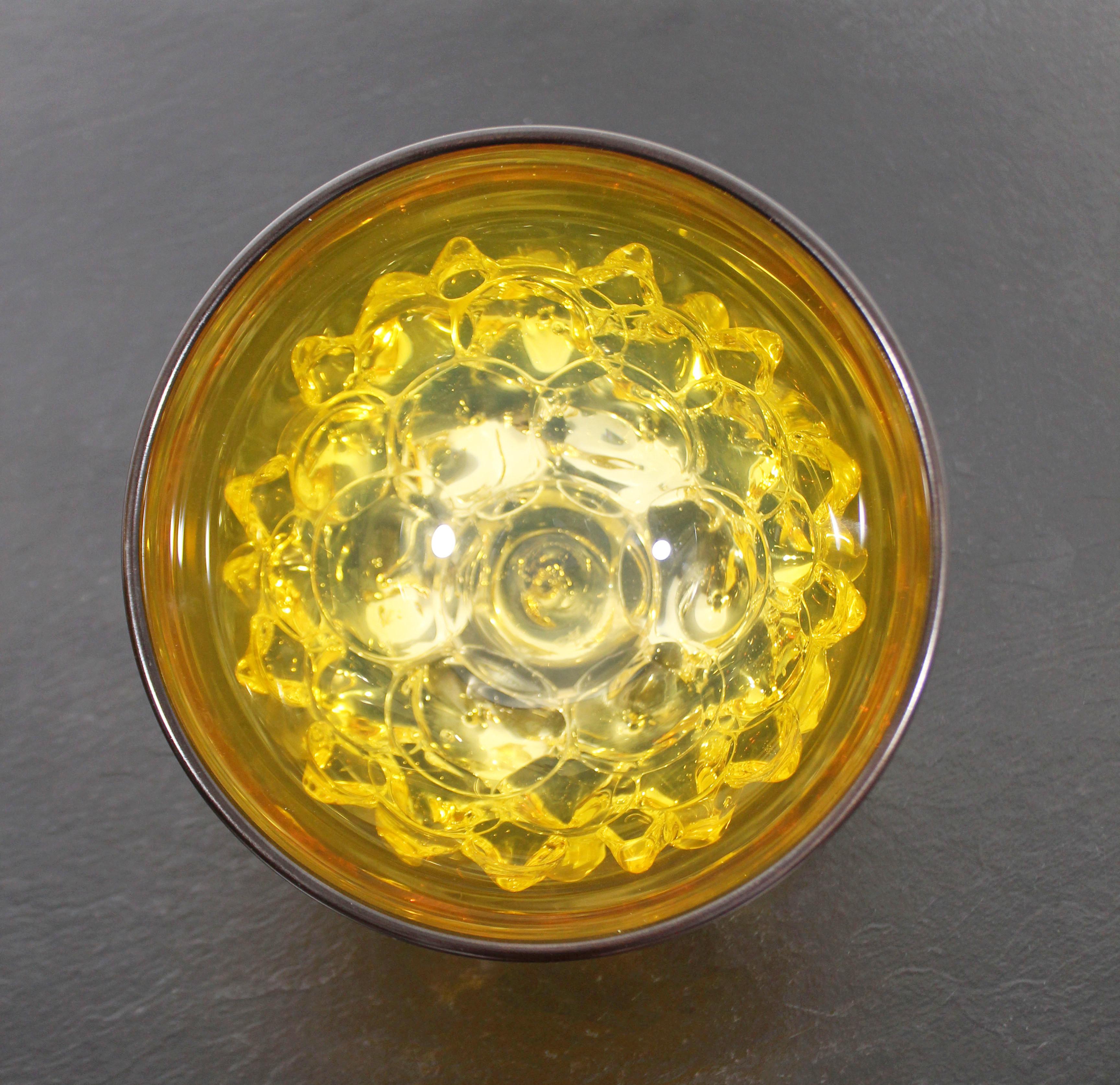 American Contemporary Signed Yellow Spiked Glass Art Bowl by Andrew Madvin Dated 2000s