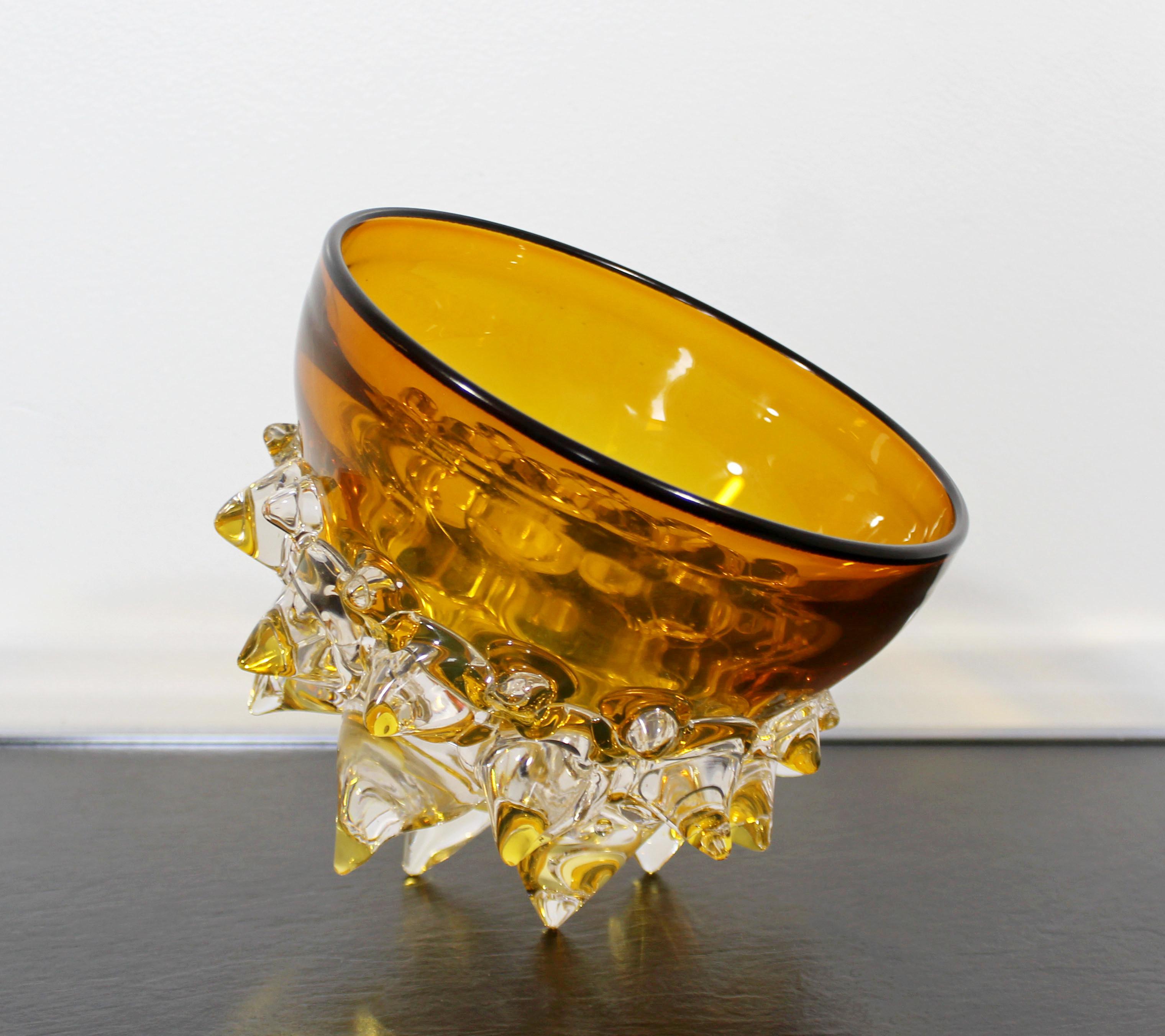 Contemporary Signed Yellow Spiked Glass Art Bowl by Andrew Madvin Dated 2000s In Good Condition In Keego Harbor, MI