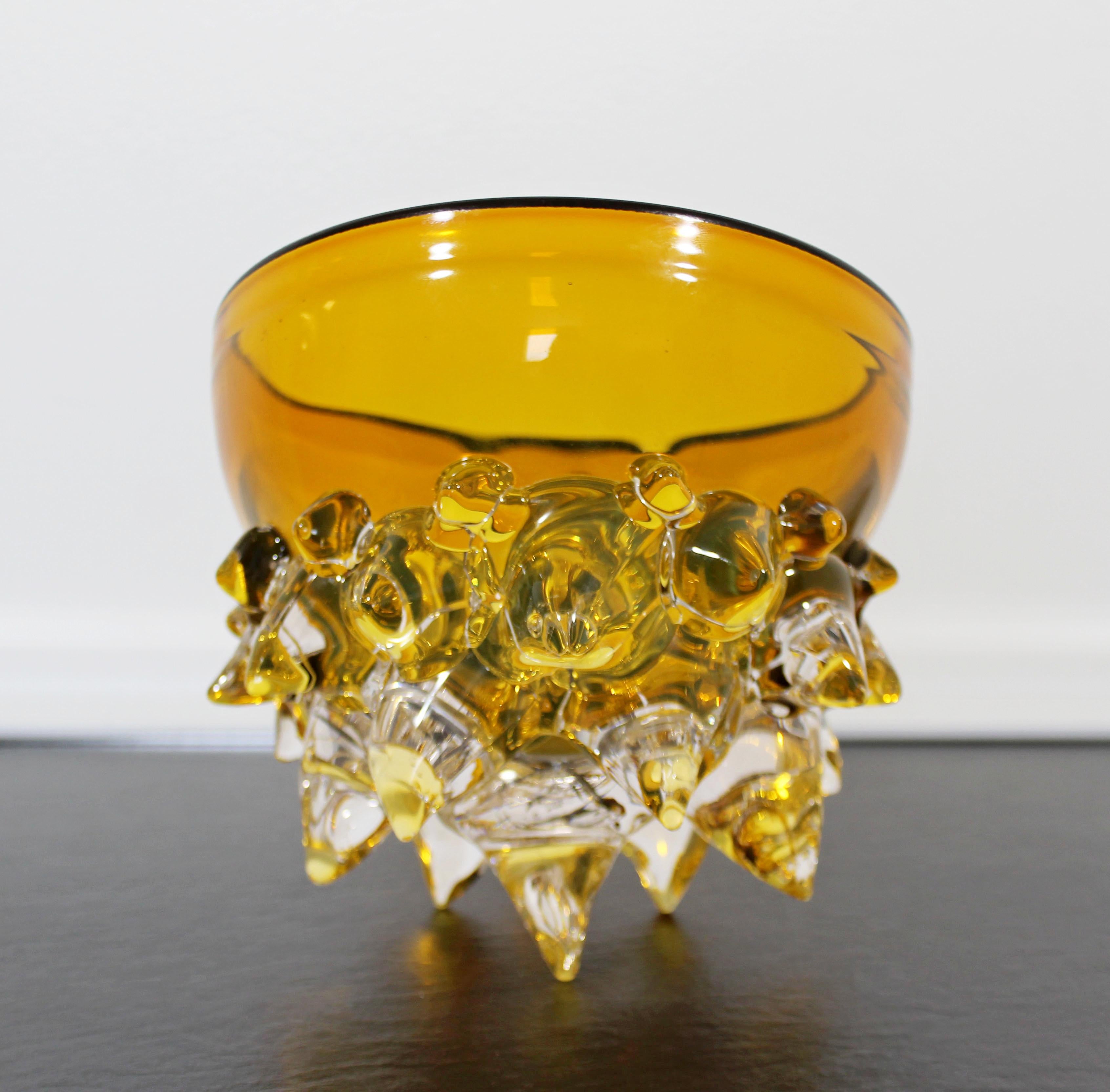 Art Glass Contemporary Signed Yellow Spiked Glass Art Bowl by Andrew Madvin Dated 2000s