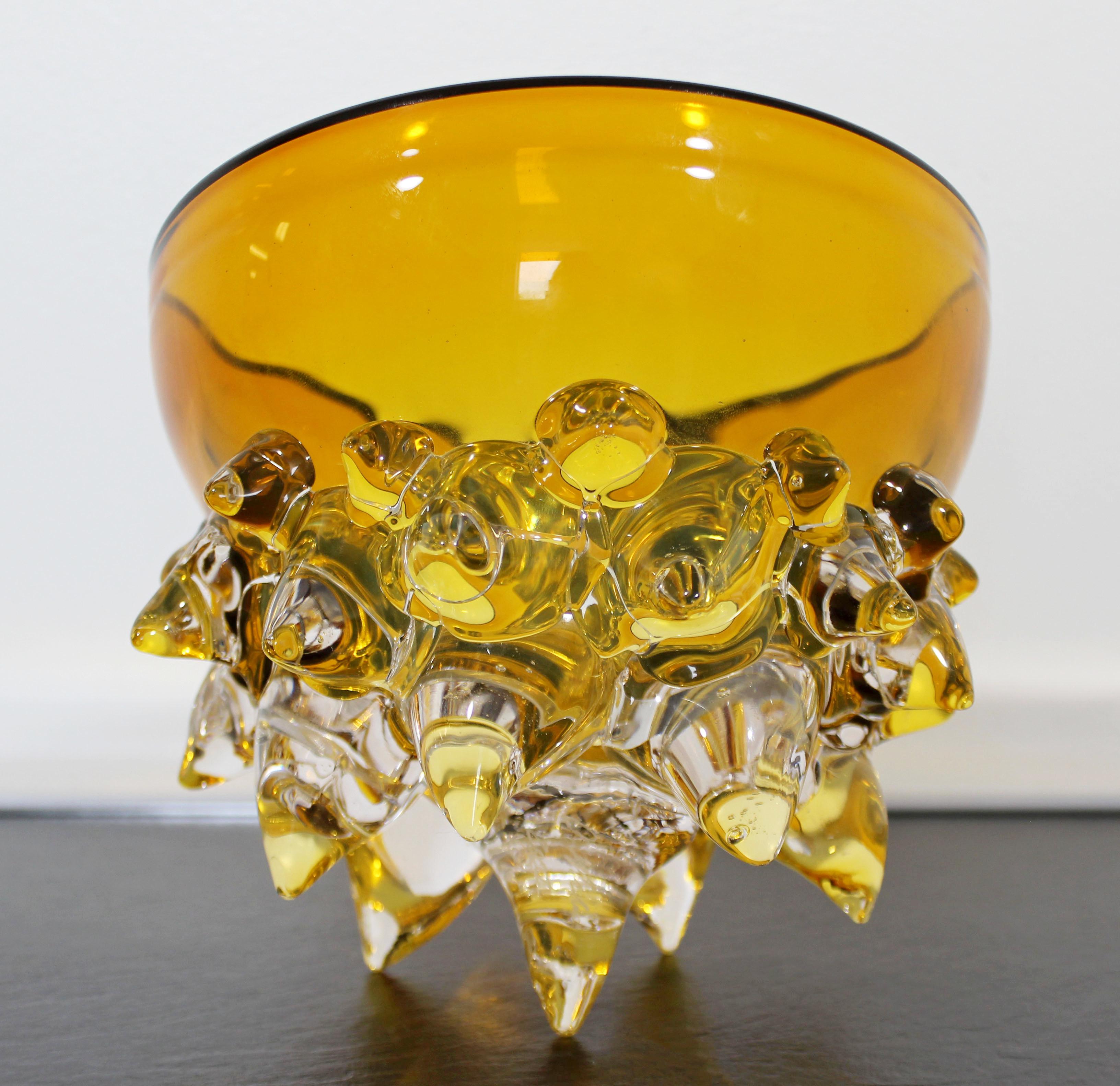 Contemporary Signed Yellow Spiked Glass Art Bowl by Andrew Madvin Dated 2000s 1