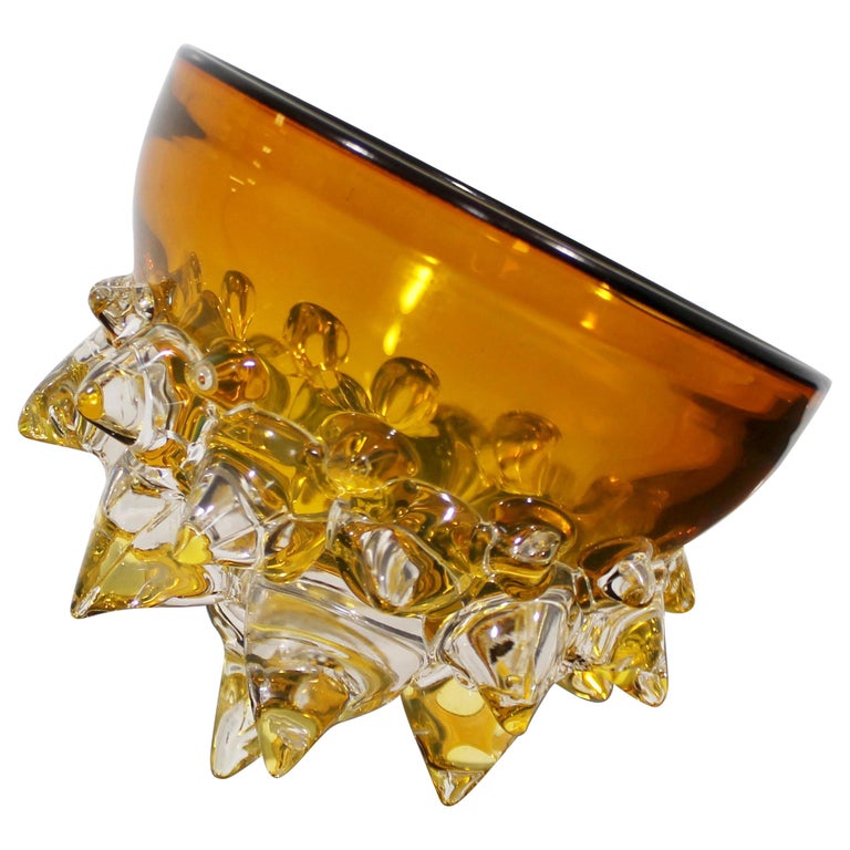 Contemporary Signed Yellow Spiked Glass Art Bowl by Andrew Madvin Dated