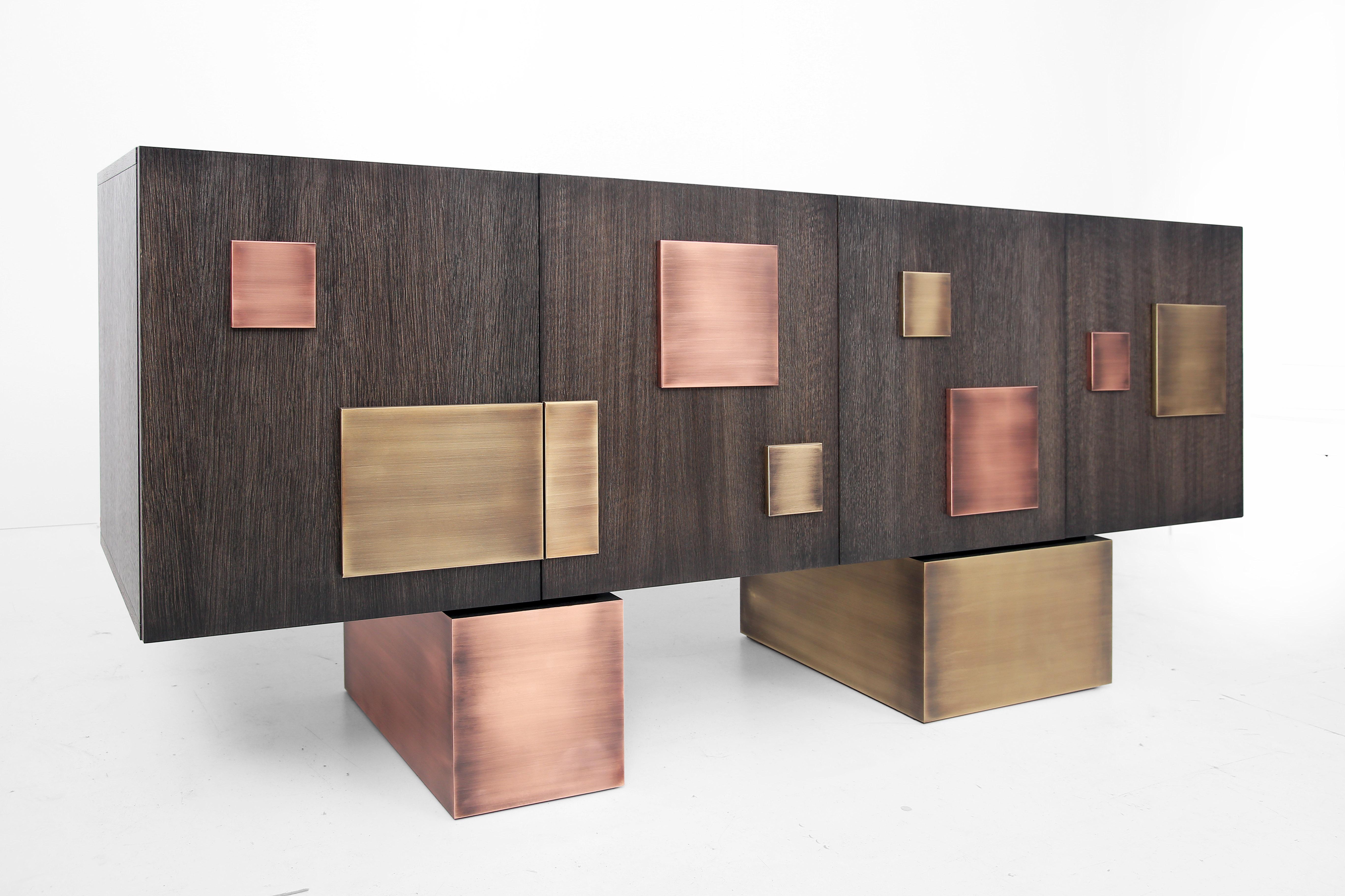 Modern Contemporary Silenus Sideboard Ebonized Oak Veneer Patina Brass and Copper For Sale