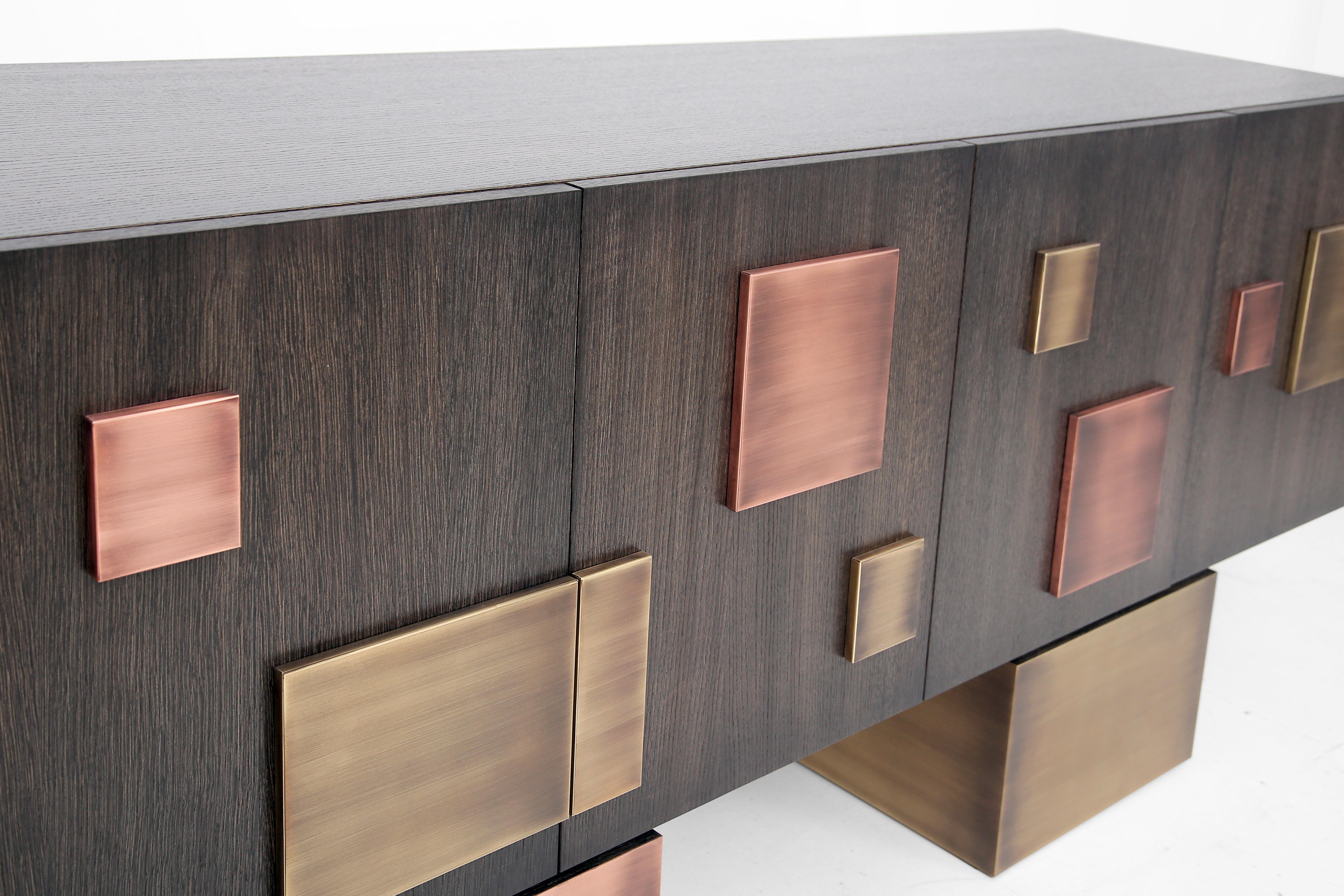Varnished Contemporary Silenus Sideboard Ebonized Oak Veneer Patina Brass and Copper For Sale