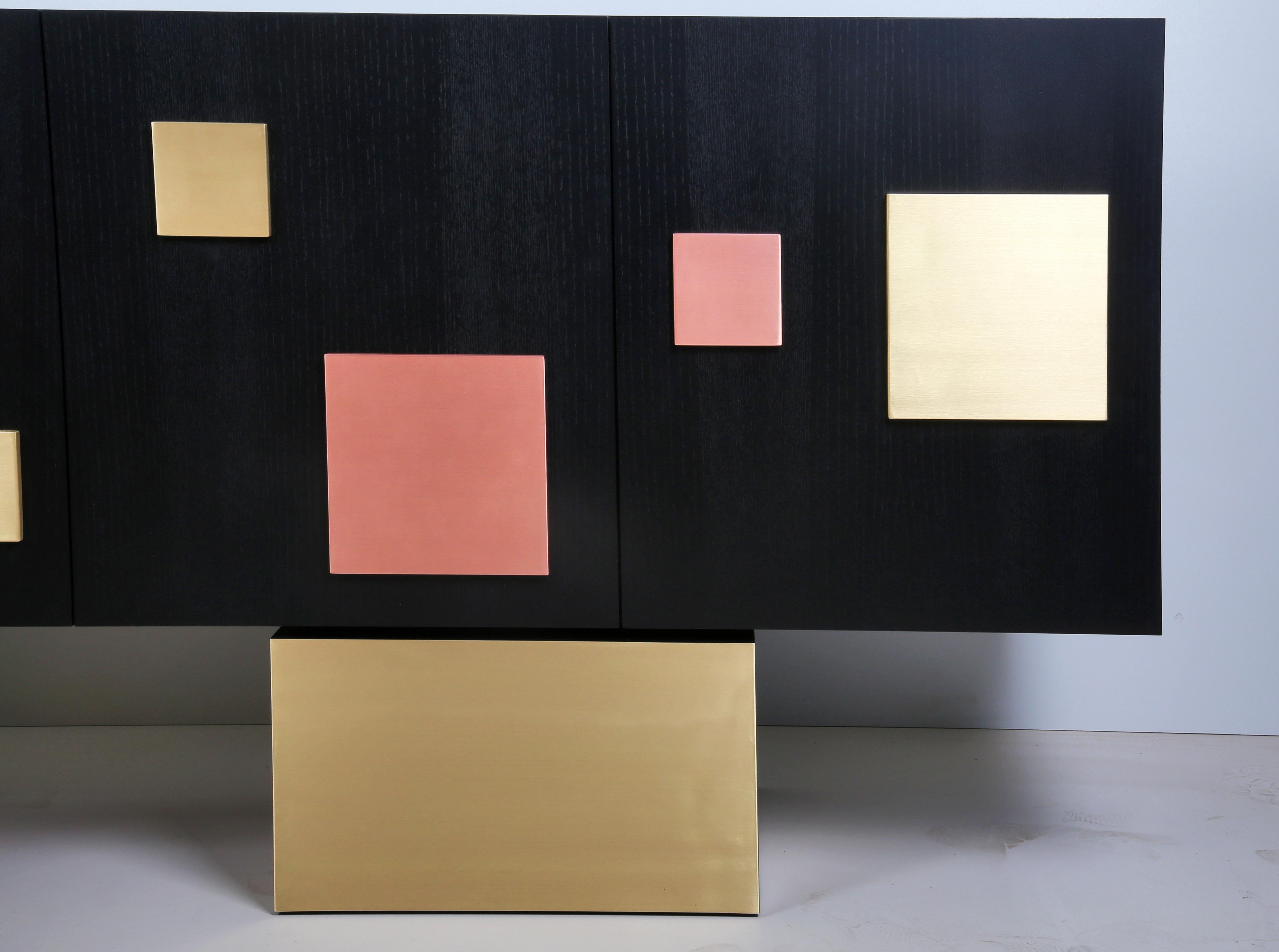 Modern Contemporary Silenus Sideboard or Credenza with Oak Veneer and Brass and Copper  For Sale