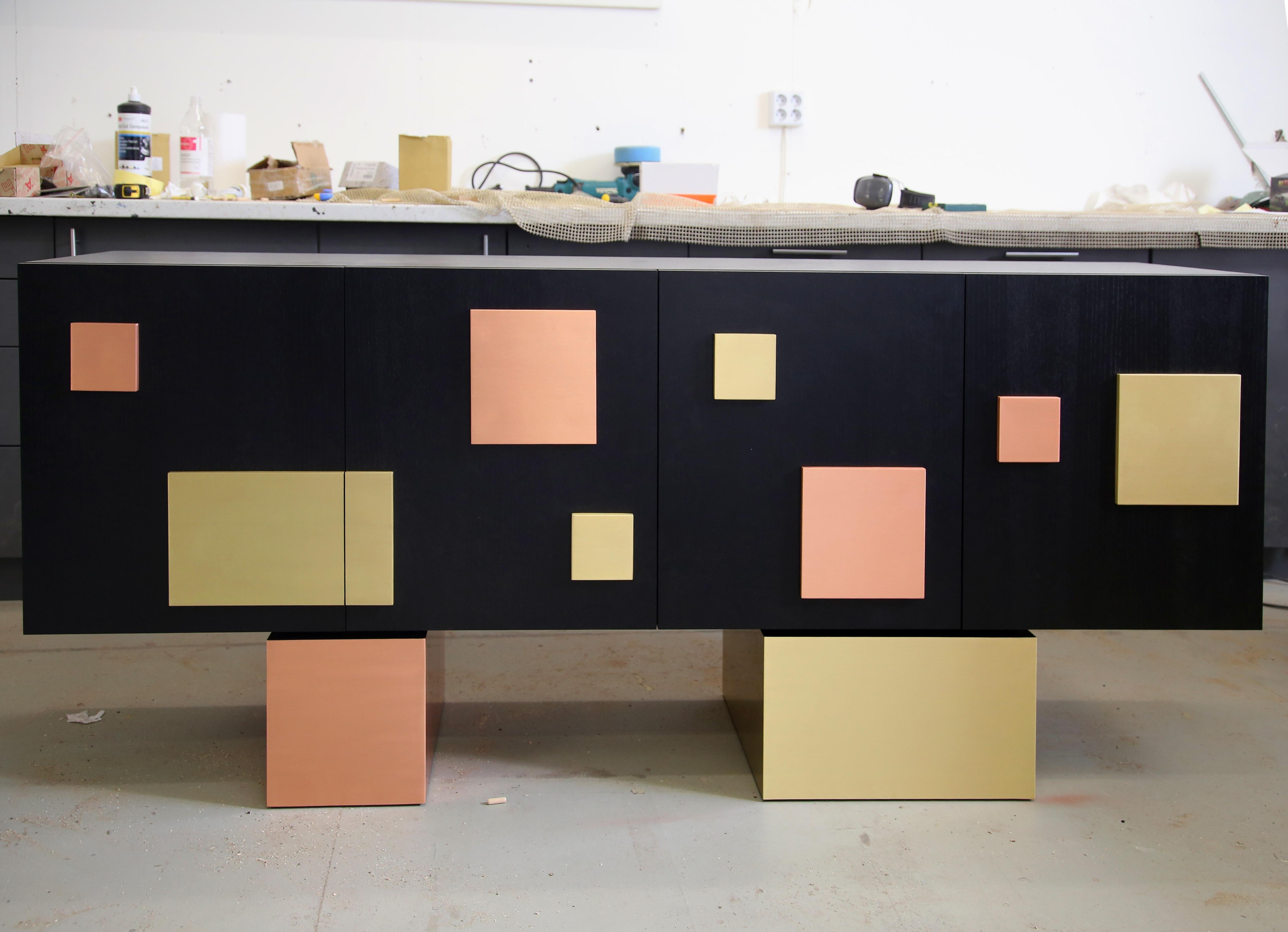 Latvian Contemporary Silenus Sideboard or Credenza with Oak Veneer and Brass and Copper  For Sale