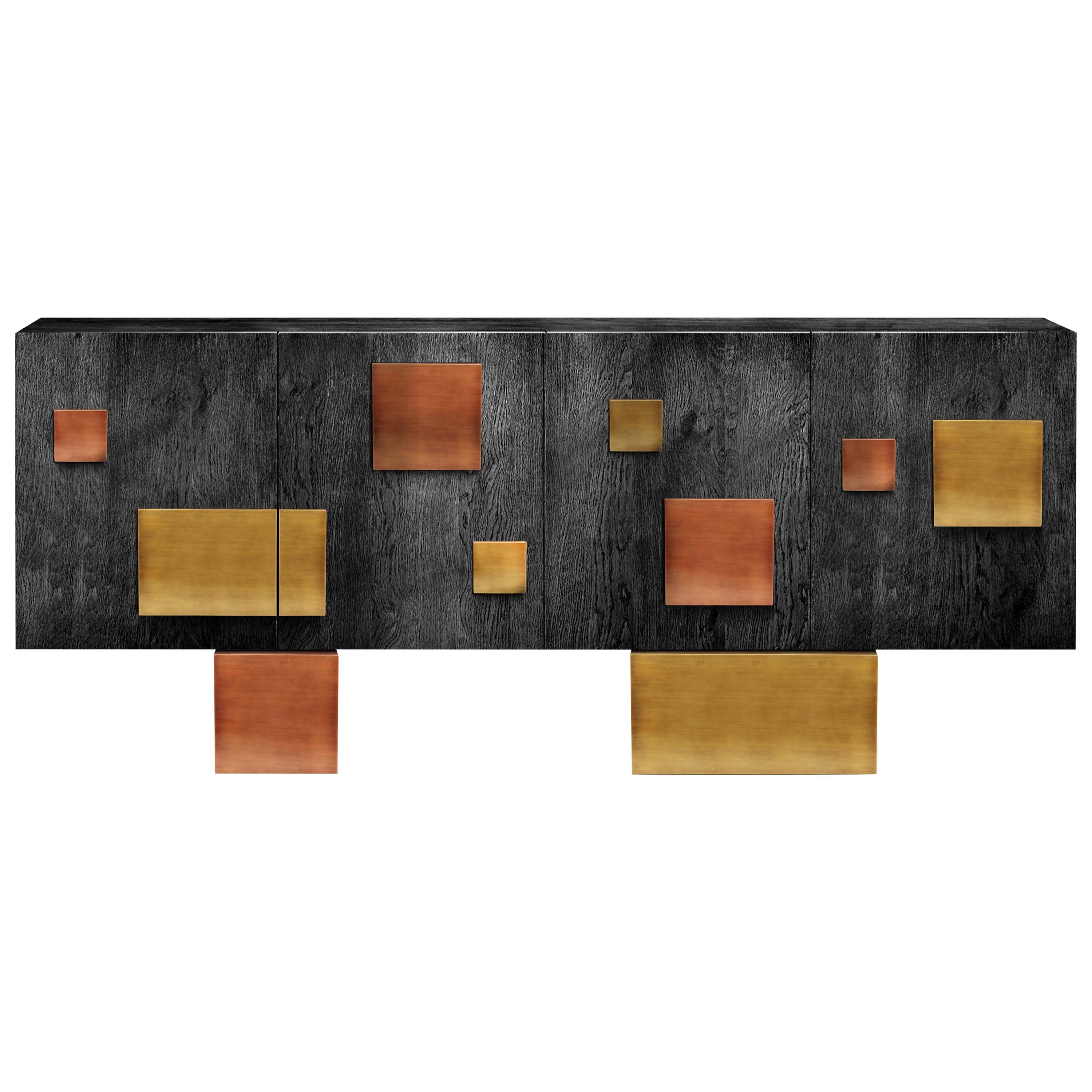 Contemporary Silenus Sideboard or Credenza with Oak Veneer and Brass and Copper 