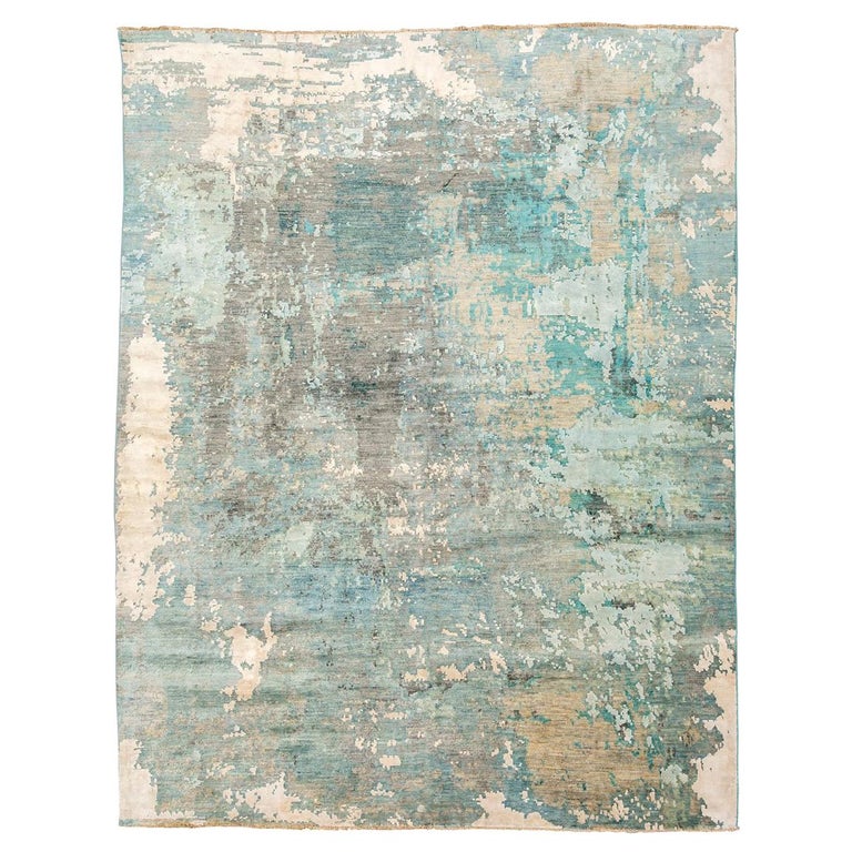 Contemporary Silk and Wool Rug, Abstract Design over Gray and Turquoise