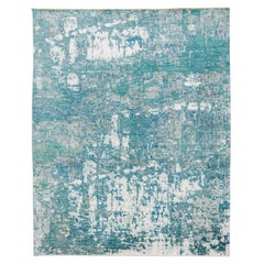 Contemporary Silk and Wool Rug, Abstract Design over Green and Gray Colors