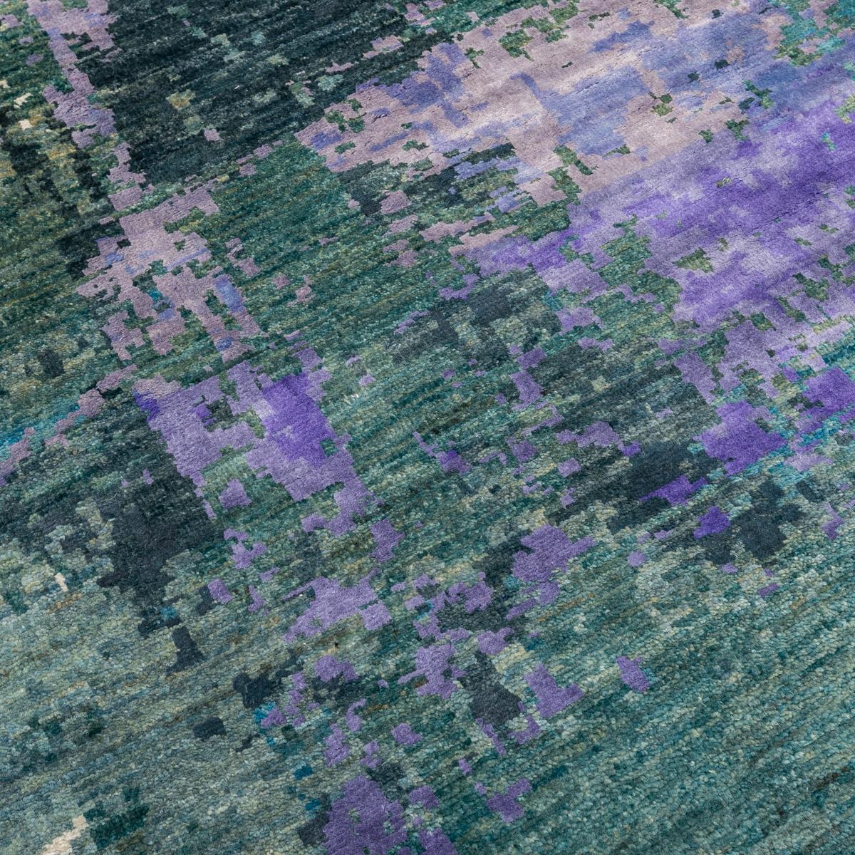 Contemporary Silk and Wool Rug, Abstract Design over Green, Gray and Purple 5