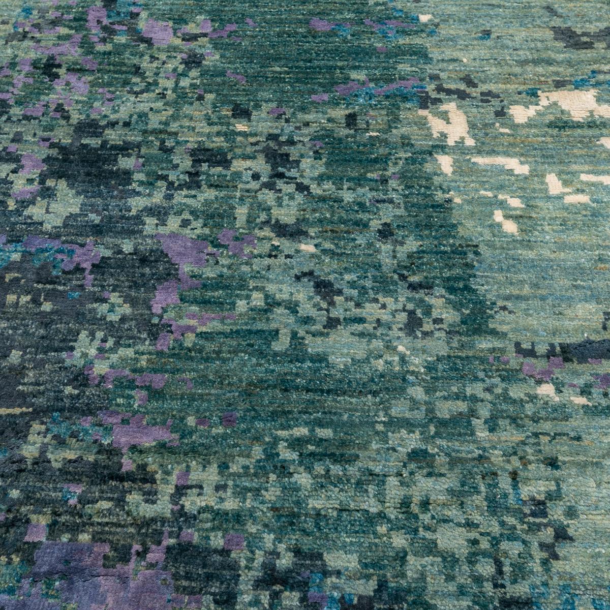 Contemporary Silk and Wool Rug, Abstract Design over Green, Gray and Purple 6