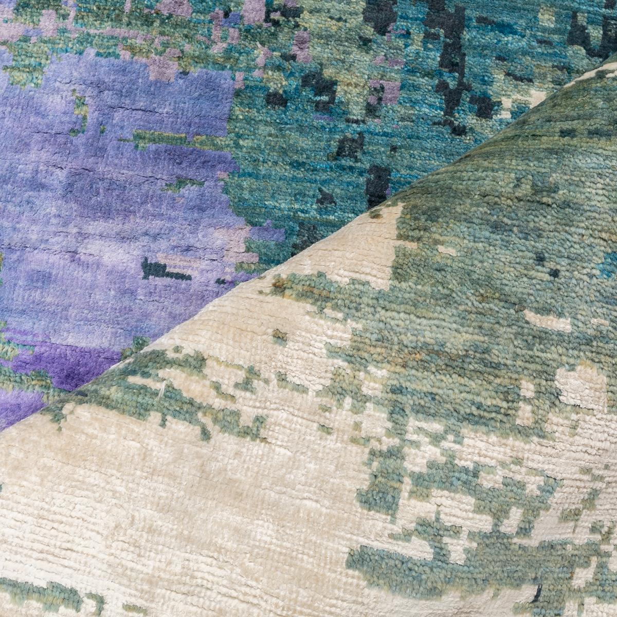 Contemporary Silk and Wool Rug, Abstract Design over Green, Gray and Purple 7