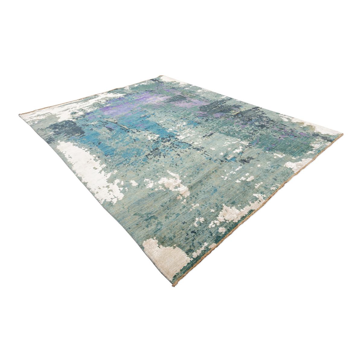 Modern Contemporary Silk and Wool Rug, Abstract Design over Green, Gray and Purple