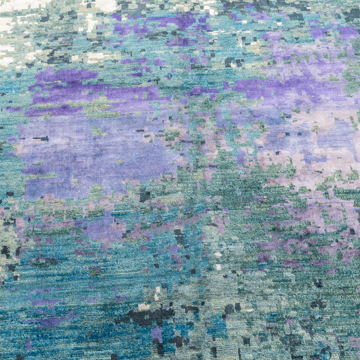 Contemporary Silk and Wool Rug, Abstract Design over Green, Gray and Purple 2