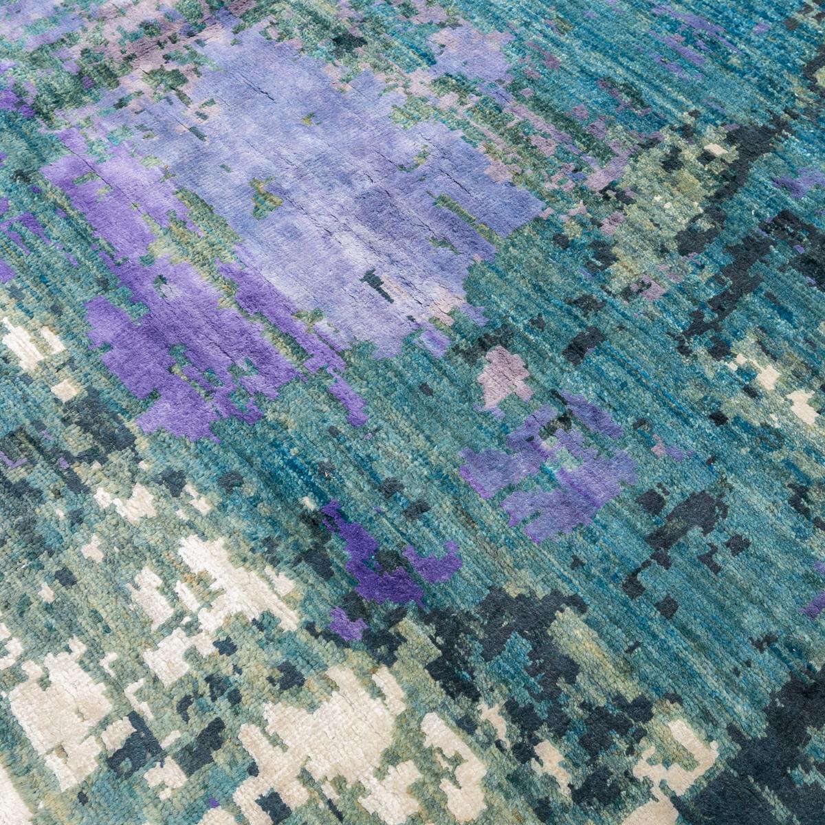 Contemporary Silk and Wool Rug, Abstract Design over Green, Gray and Purple 3