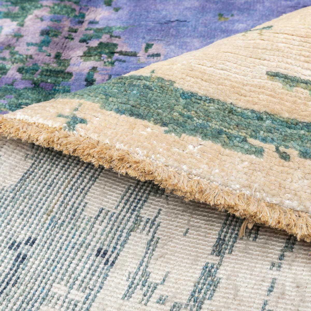 Contemporary Silk and Wool Rug, Abstract Design over Green, Gray and Purple 4