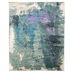 Contemporary Silk and Wool Rug, Abstract Design over Green, Gray and Purple