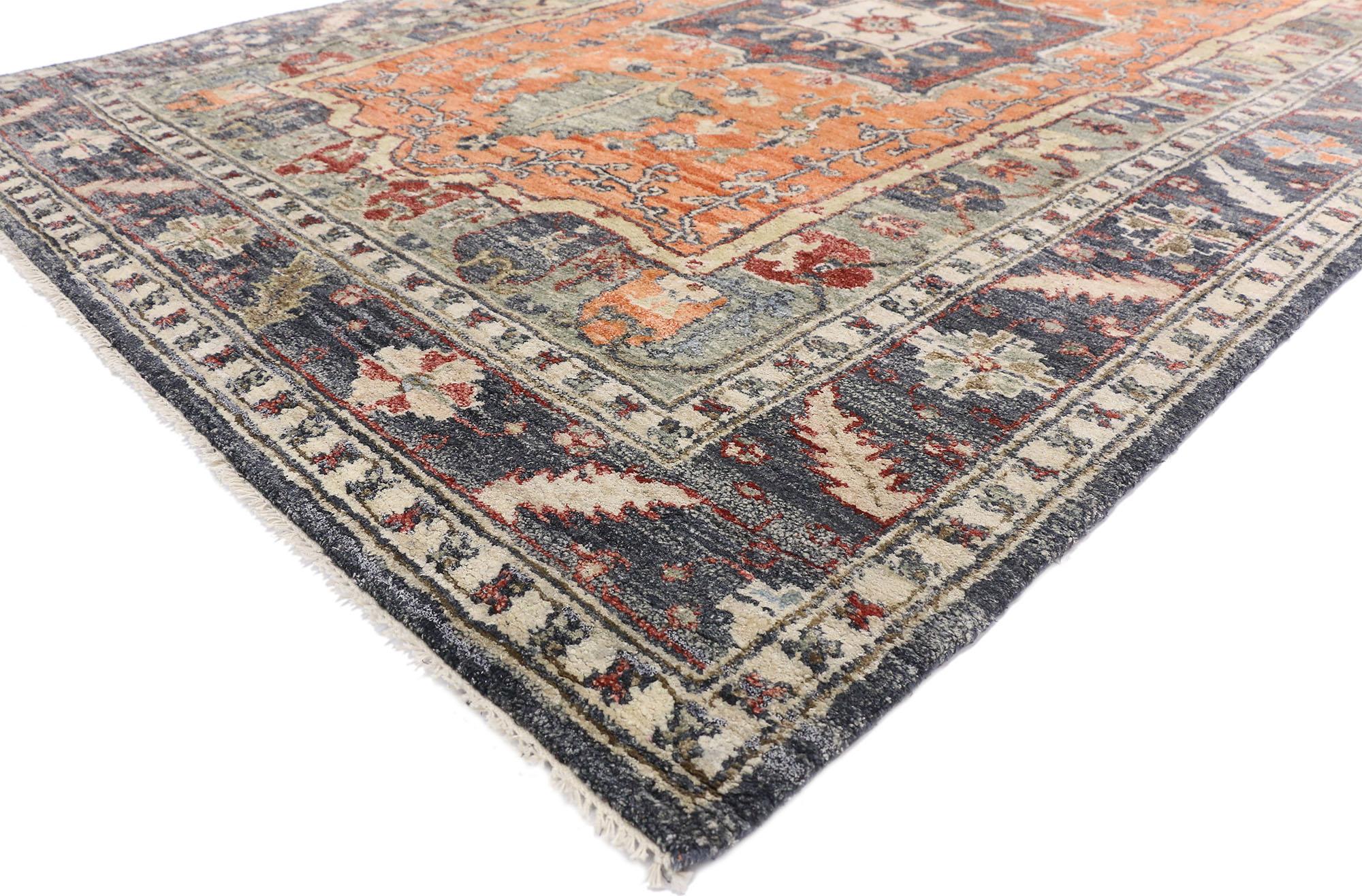 30470, contemporary silk area rug with Heriz pattern and Arts & Craft artisan style. With its colorfully abstract Heriz pattern and fine craftsmanship details, this hand knotted silk contemporary area rug embodies a fine combination of Artisan and