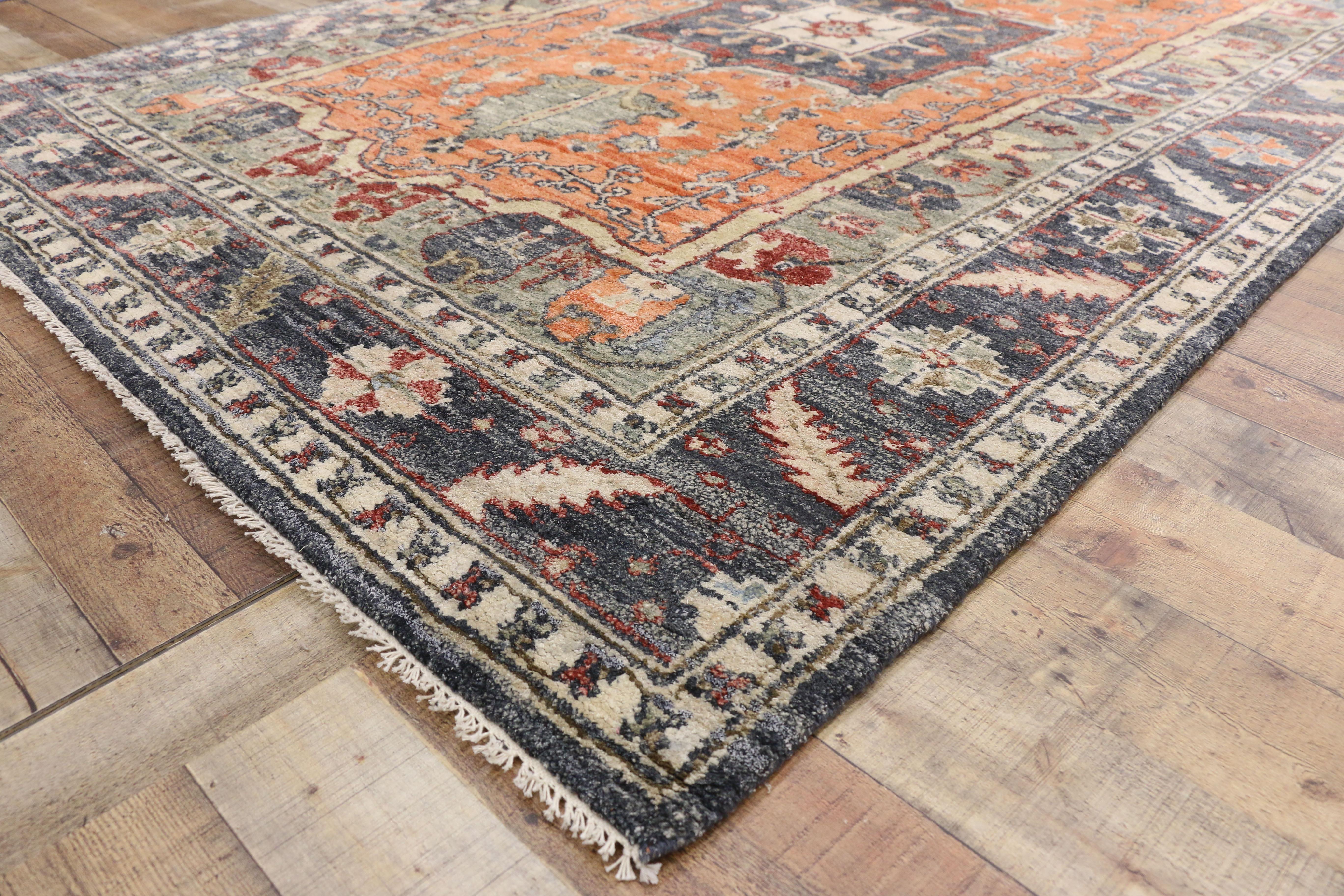 Contemporary Silk Area Rug with Heriz Pattern and Arts & Craft Artisan Style In New Condition For Sale In Dallas, TX