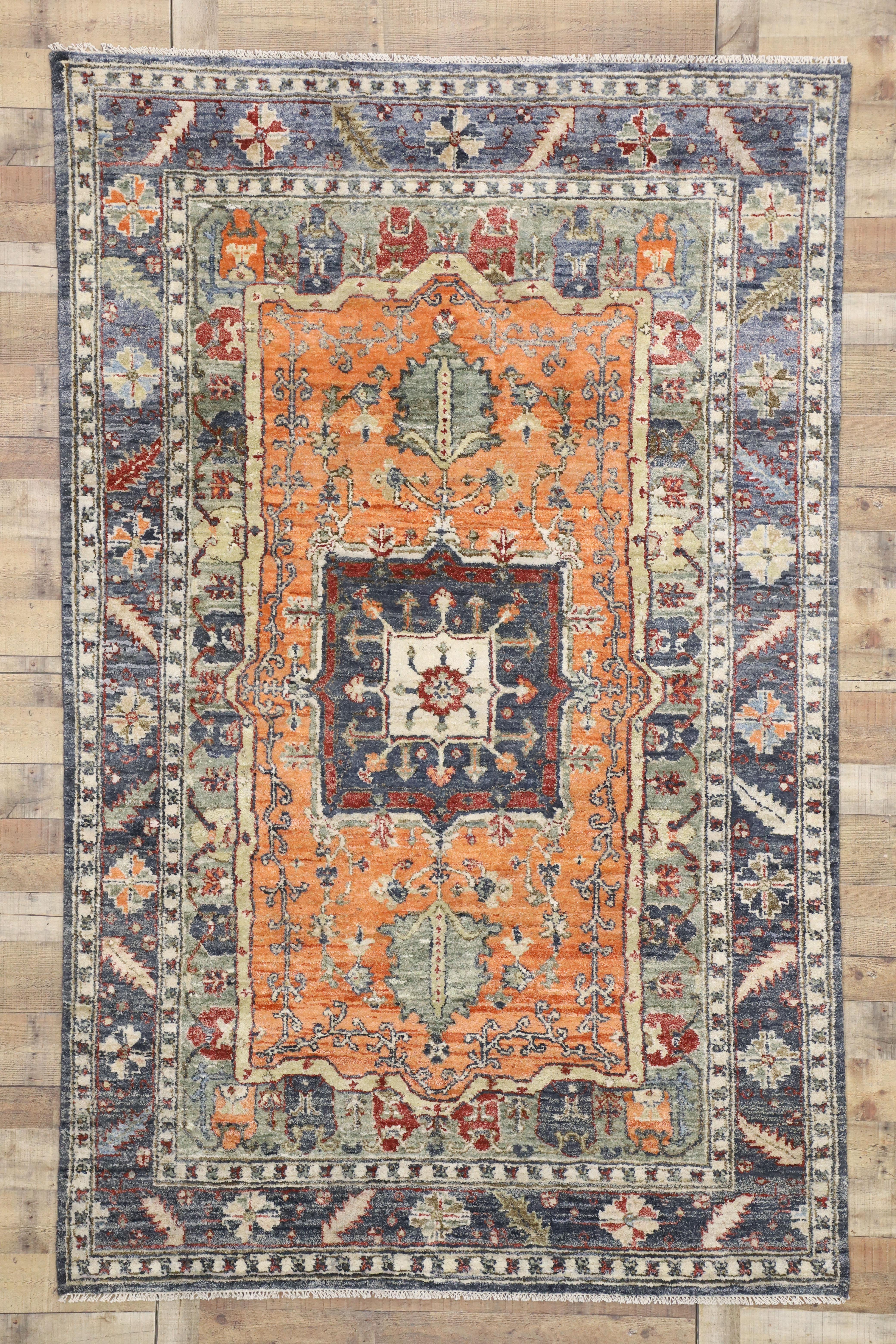 Contemporary Silk Area Rug with Heriz Pattern and Arts & Craft Artisan Style For Sale 2