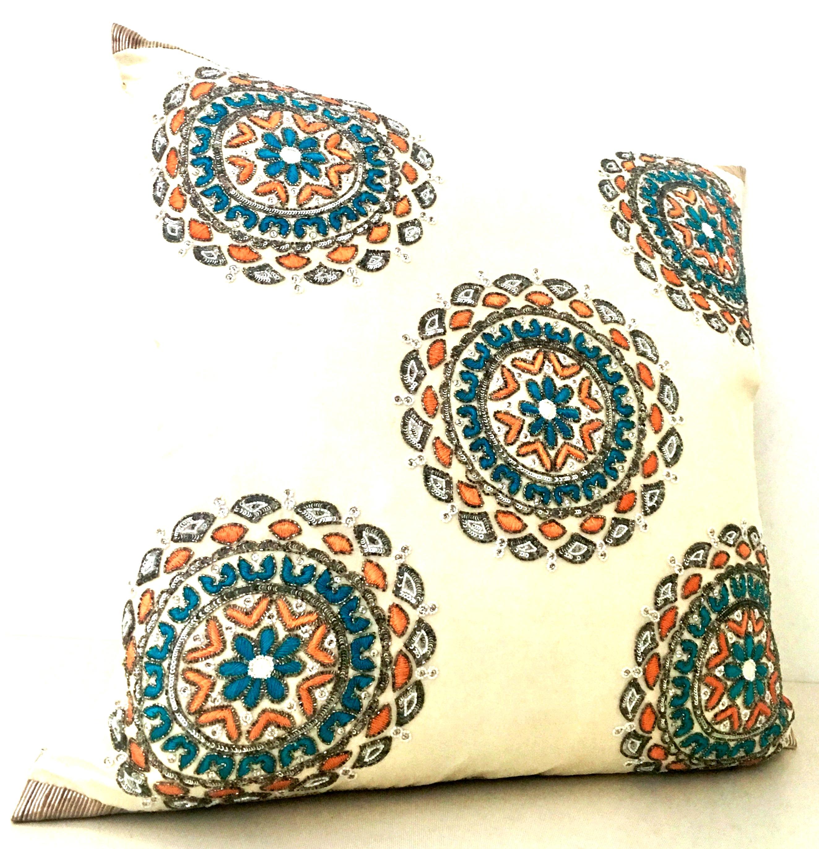 21st Century & New Fine ivory silk embroidered crystal and sequin embellished down pillow by, Sivaana. Features a Morocco motif of vibrant orange, turquoise, gold and metallic silver thread detail. Includes a cotton covered down/feather combination