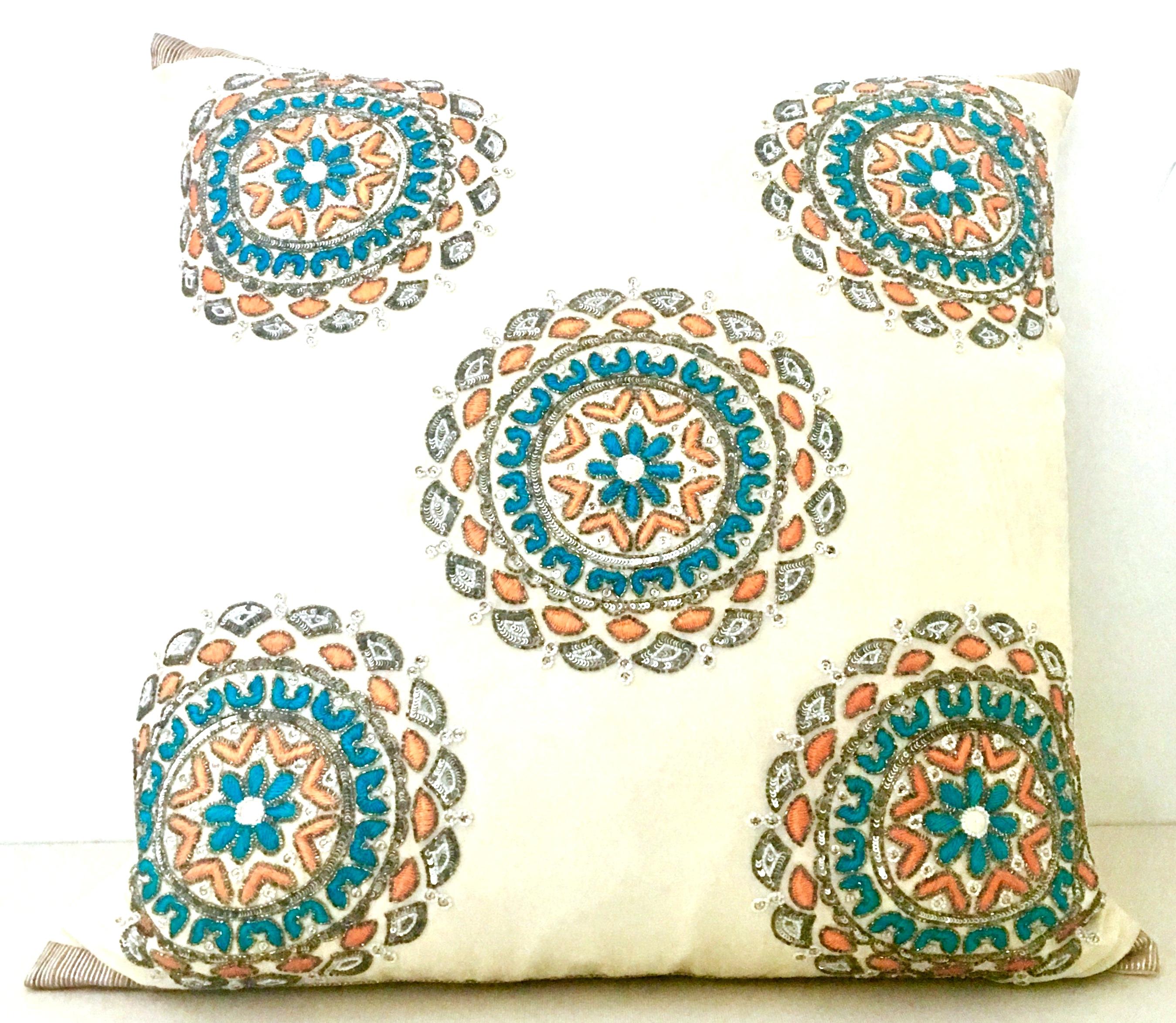 Indian 21st Century Silk Embroidered Crystal Embellished Down Pillow By, Sivaana For Sale