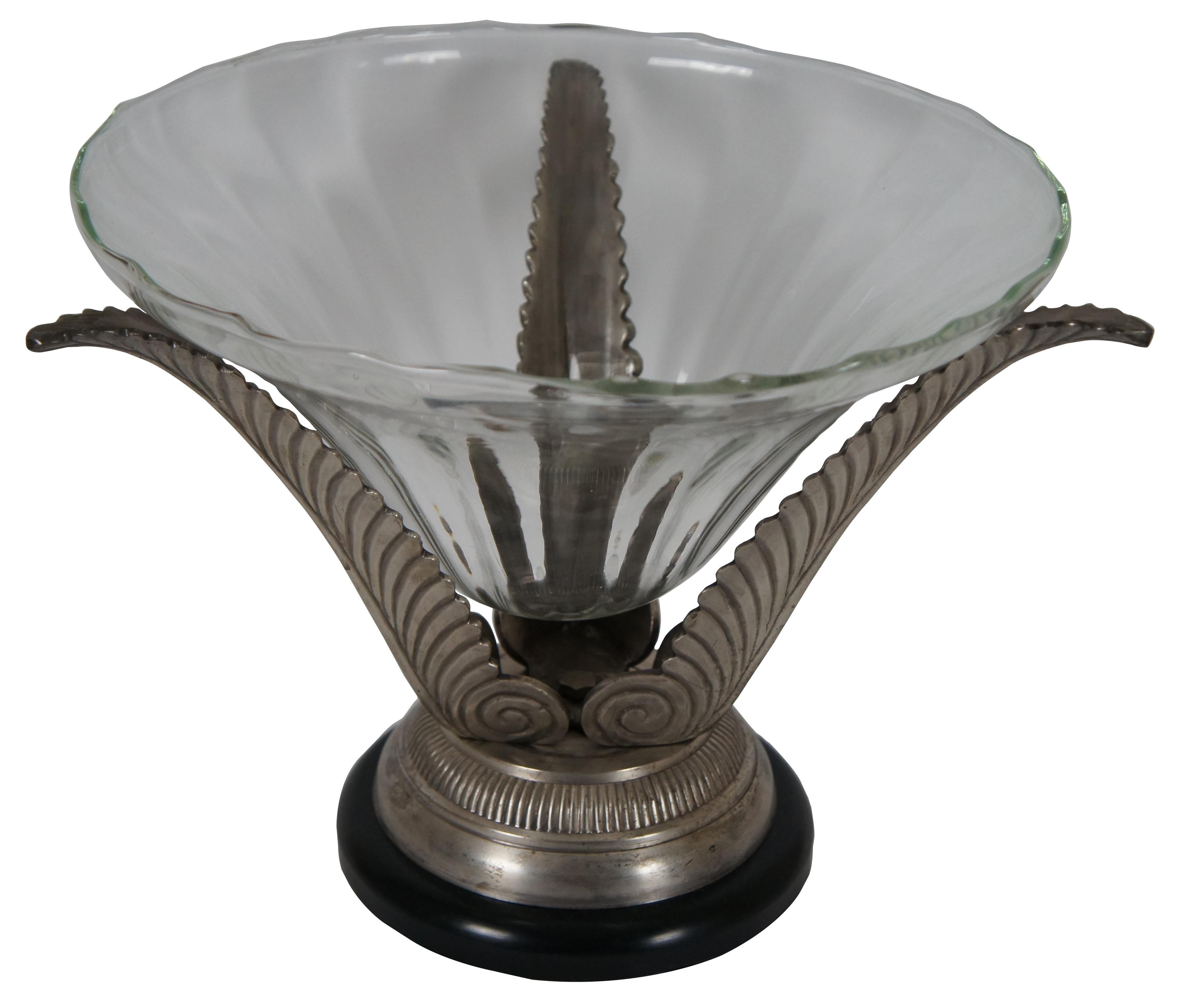 Modern Contemporary Silver Acanthus Leaf & Hand Crafted Glass Footed Centerpiece Bowl